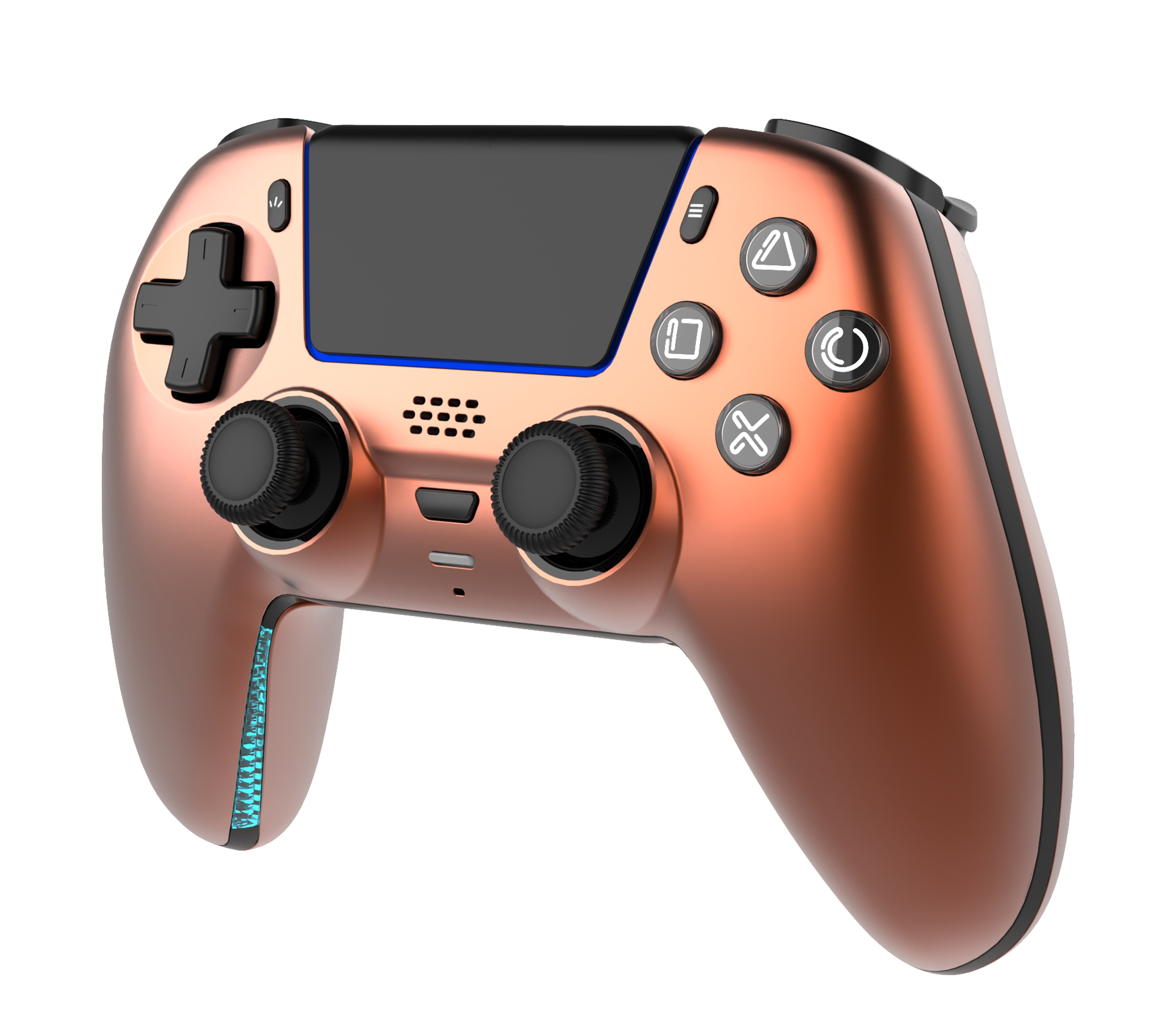 Ein kupferfarbener Controller mit schwarzen Knöpfen und blauen Akzentlichtern.
