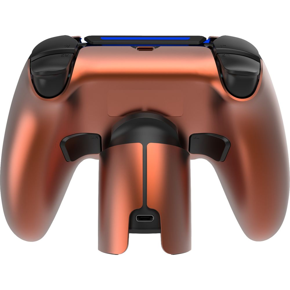 Kupferfarbener Controller mit schwarzen Tasten und blauem Lichtstreifen.
