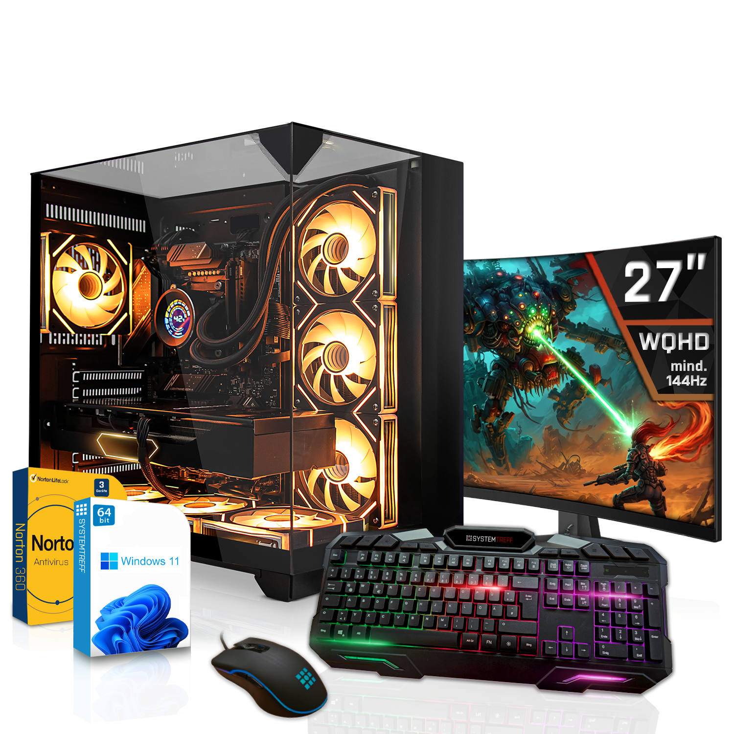Ein Gaming-PC mit RGB-Beleuchtung, Tastatur, Maus, Monitor und Software.
