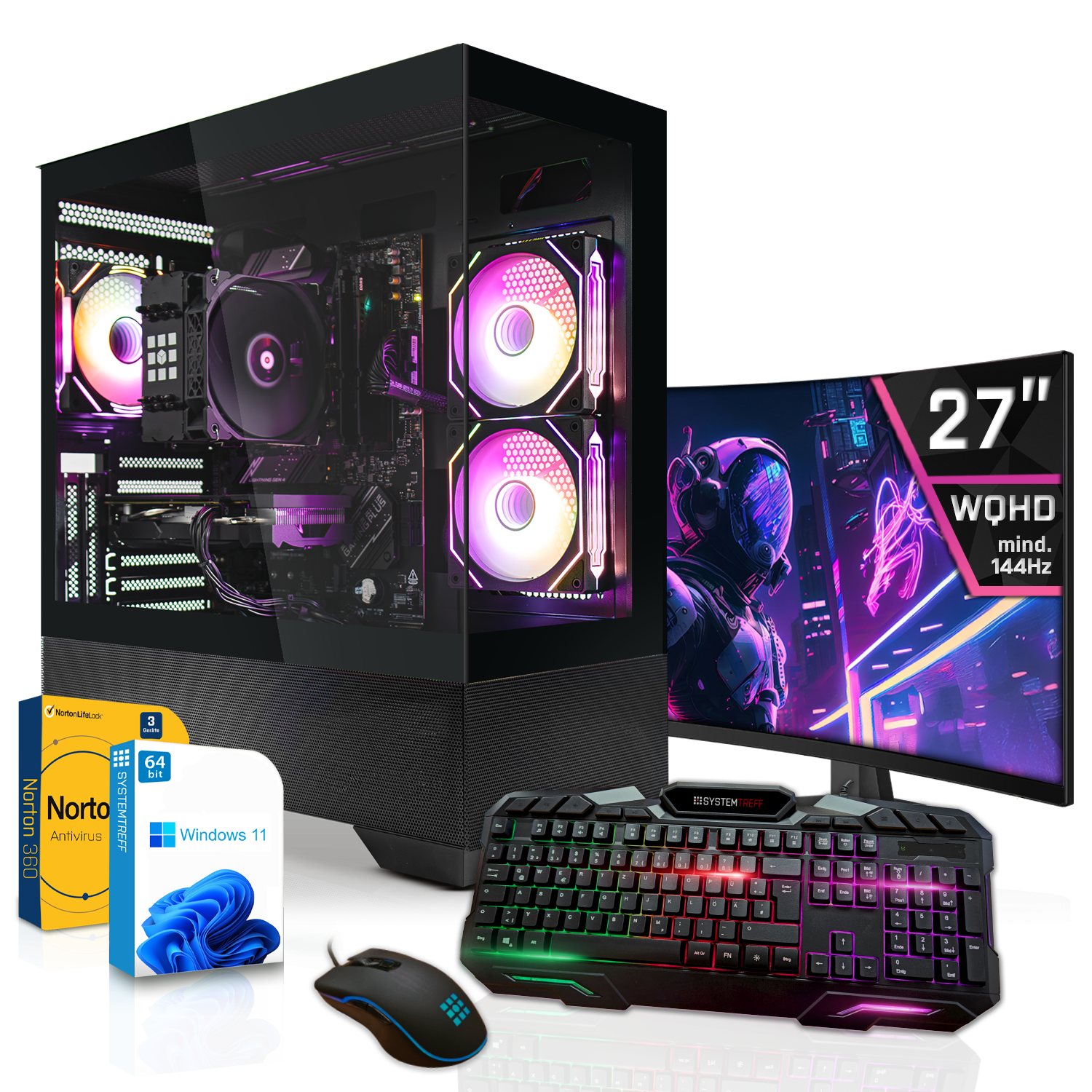 Ein beleuchteter Gaming-PC, Monitor, Tastatur, Maus und Software-Boxen auf schwarzem Hintergrund.