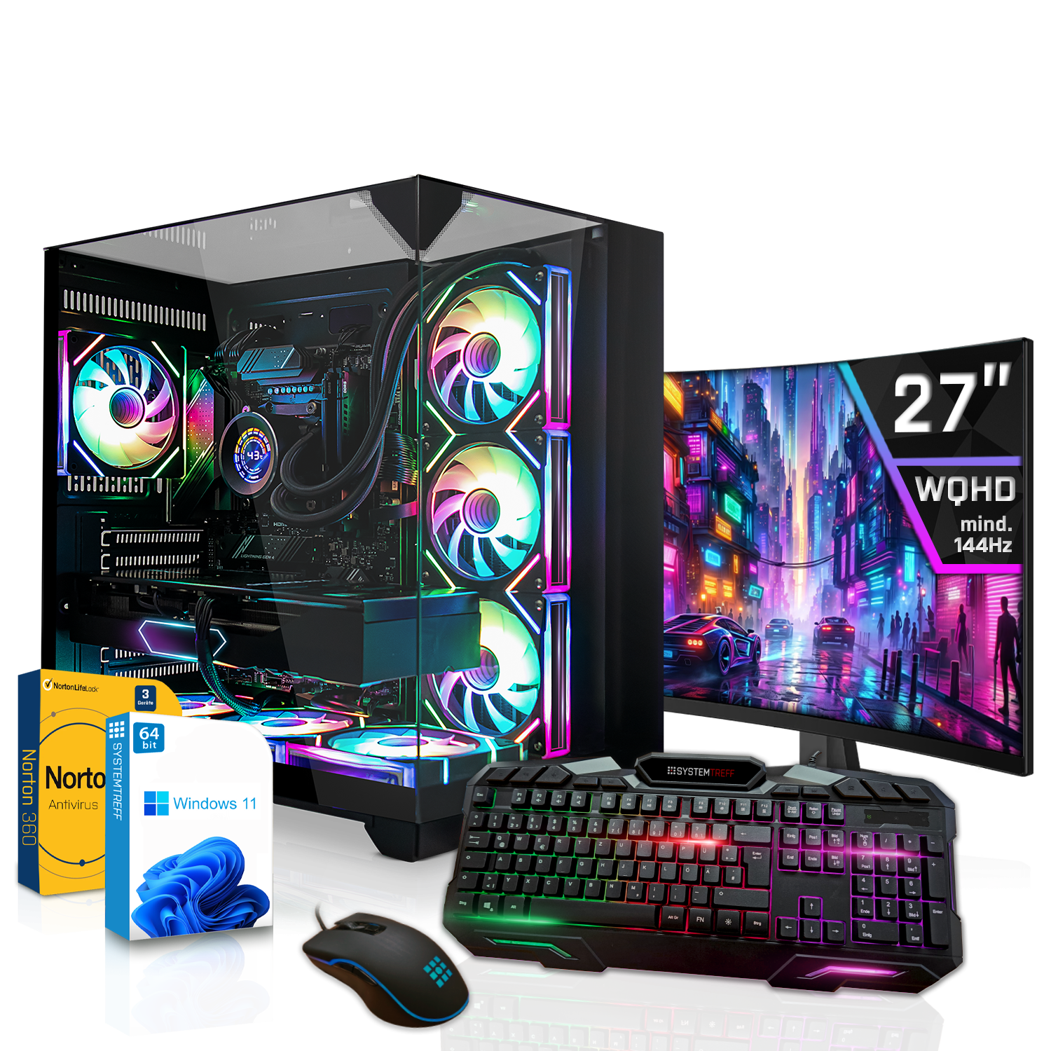 Ein Gaming-PC mit RGB-Beleuchtung, einem gebogenen Monitor, Tastatur, Maus und Softwarepaketen.