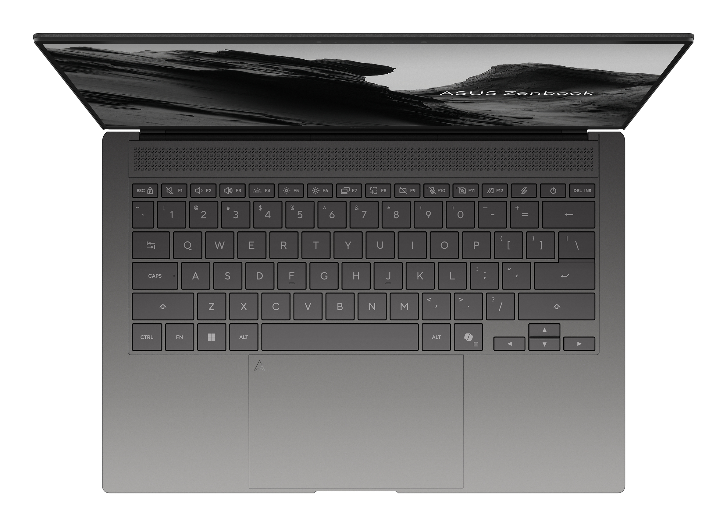 Laptop Asus Zenbook grigio con schermo aperto. Tastiera e touchpad visibili dall'alto.