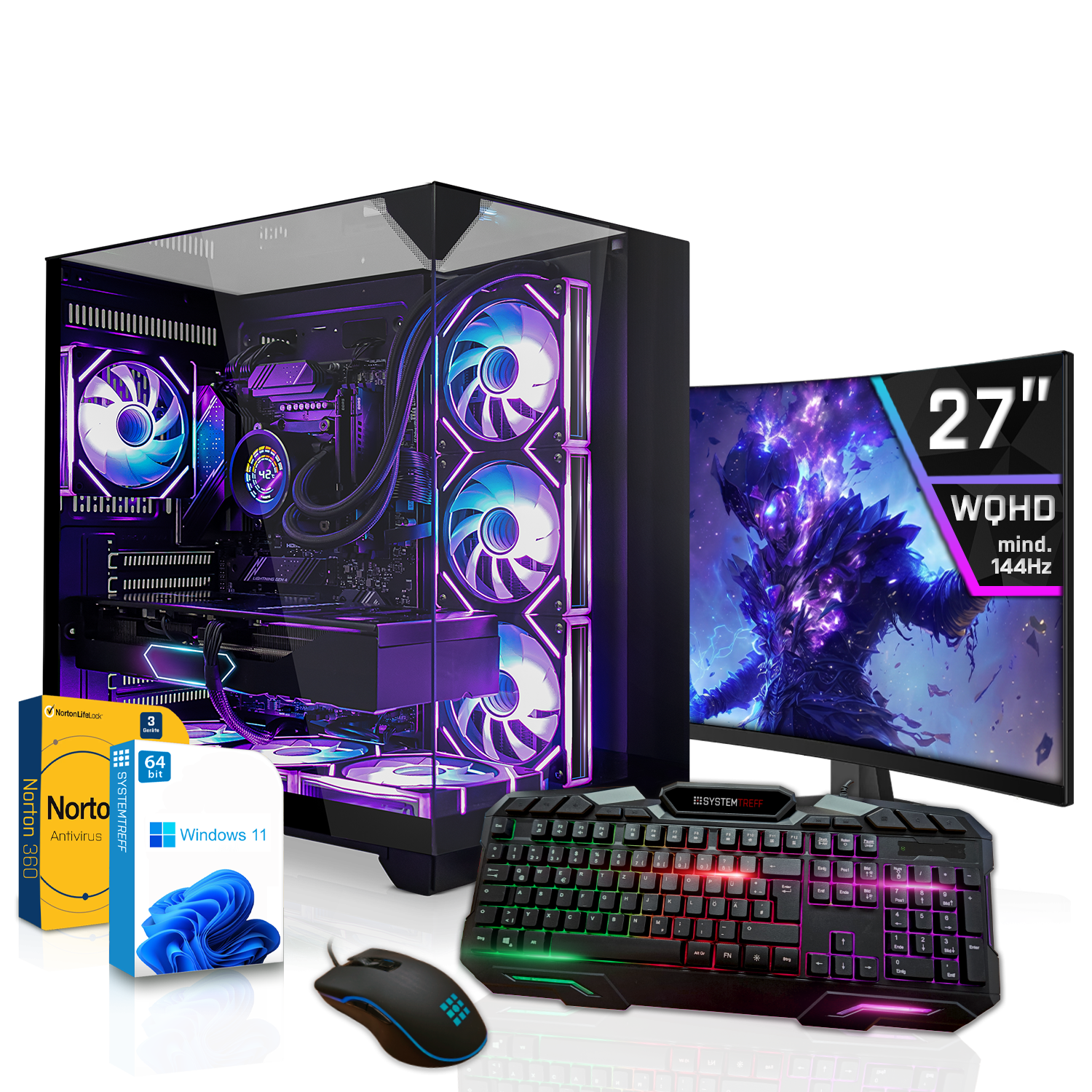 Gaming-PC mit RGB-Beleuchtung, 27-Zoll-WQHD-Monitor, Tastatur, Maus und Software.