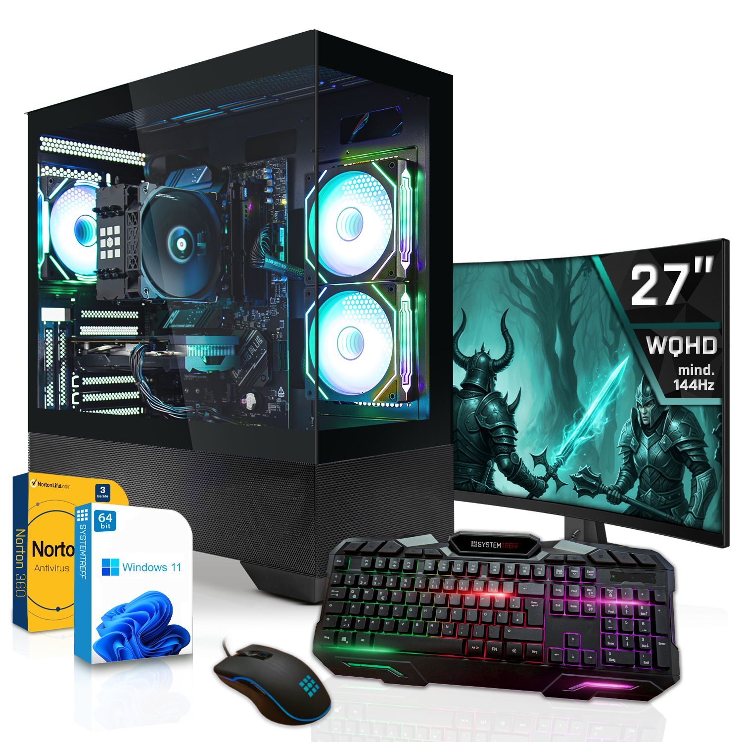 Gaming-PC-Setup mit RGB-Lüftern, gekrümmtem Monitor mit Fantasy-Kunst, Tastatur, Maus und Software-Boxen.