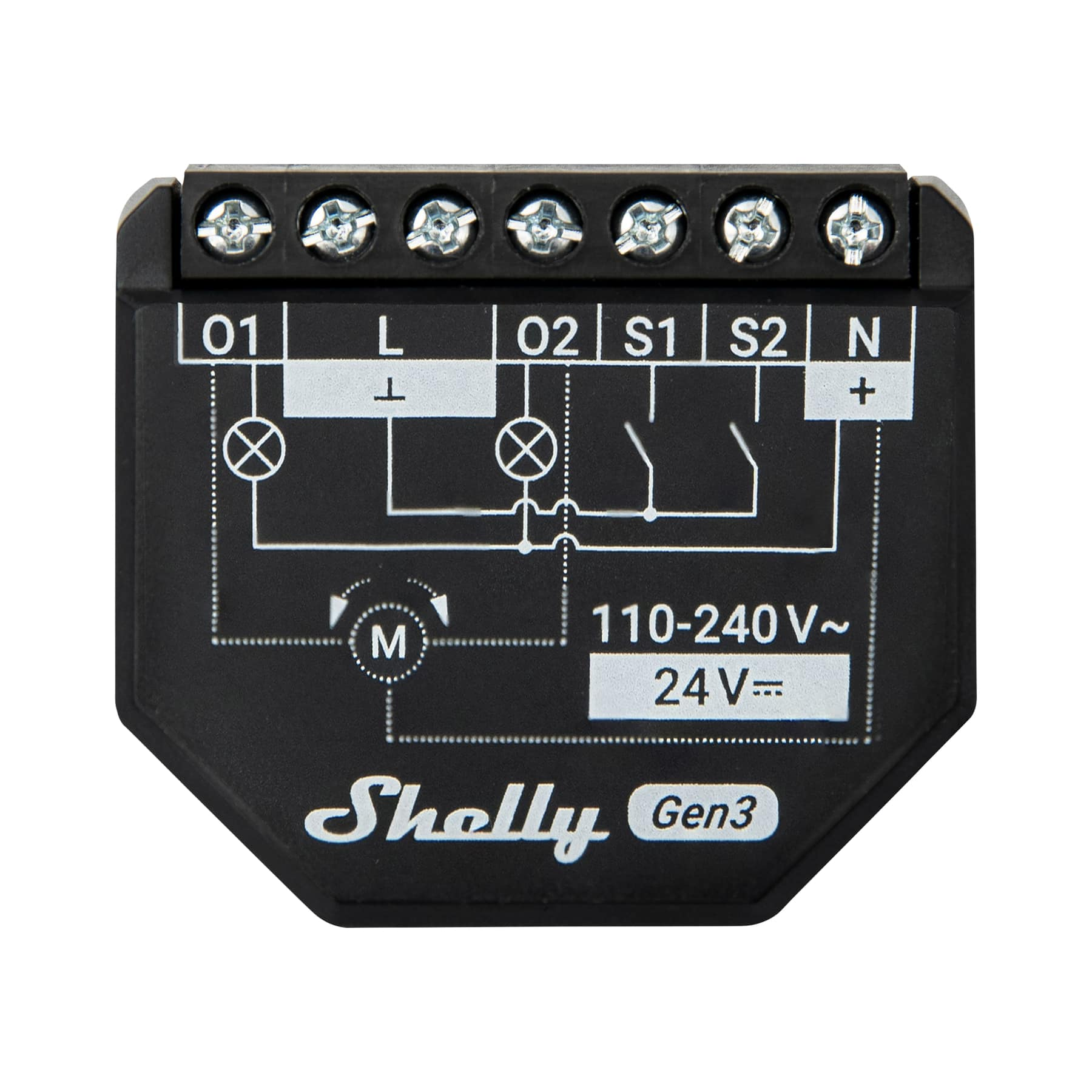 Devre şemalı ve vidalı terminalli siyah Shelly Gen3 rölesi.