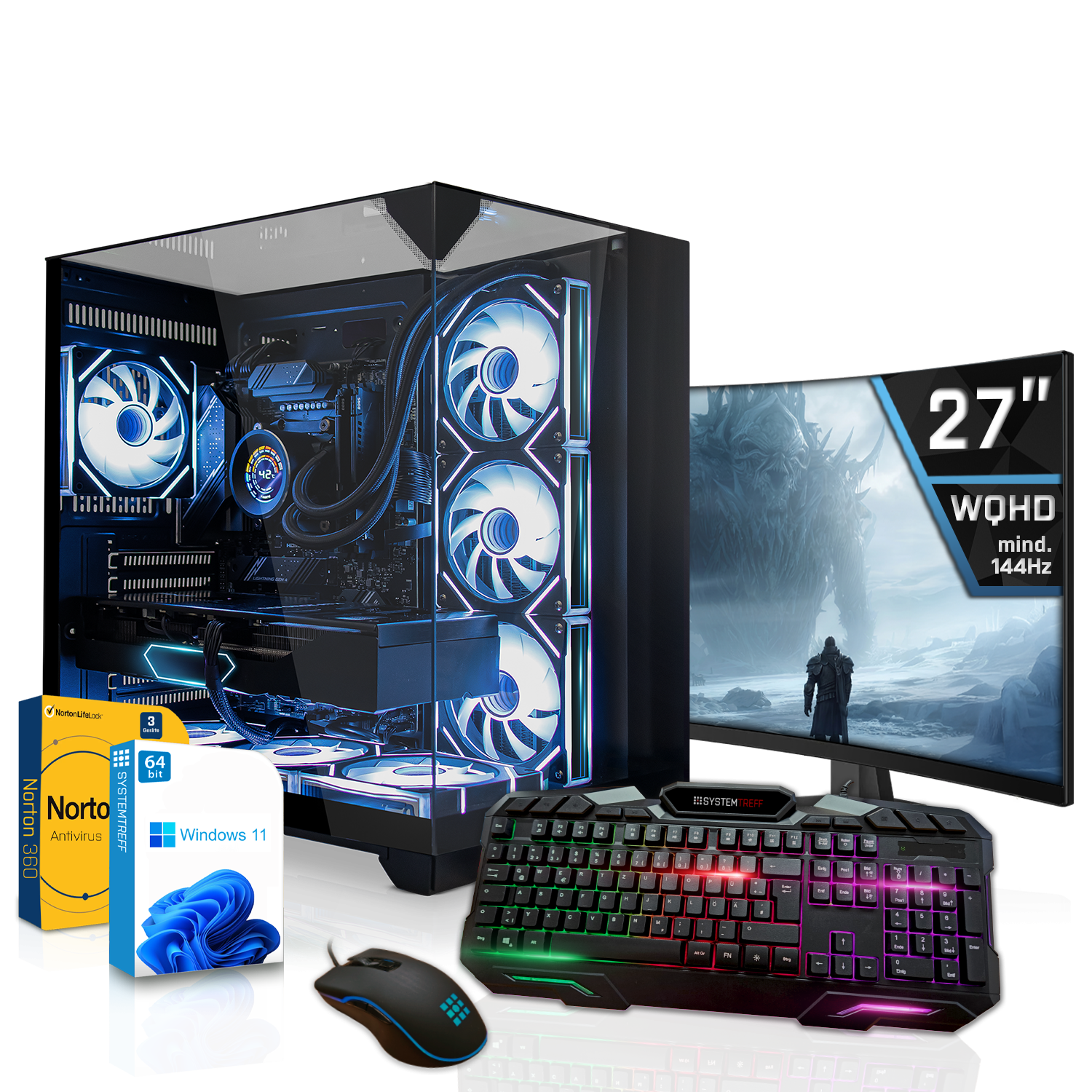 Gaming PC mit RGB-Beleuchtung, 27-Zoll-WQHD-Monitor, Tastatur, Maus und Software.
