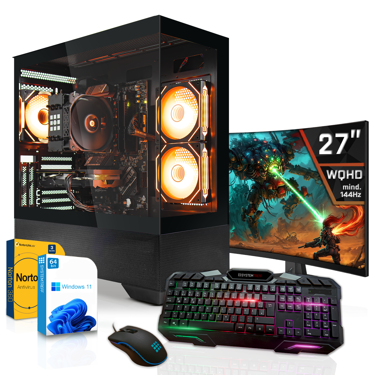 Gaming-PC mit RGB-Lüftern, 27-Zoll-WQHD-Monitor, Tastatur, Maus und Software.