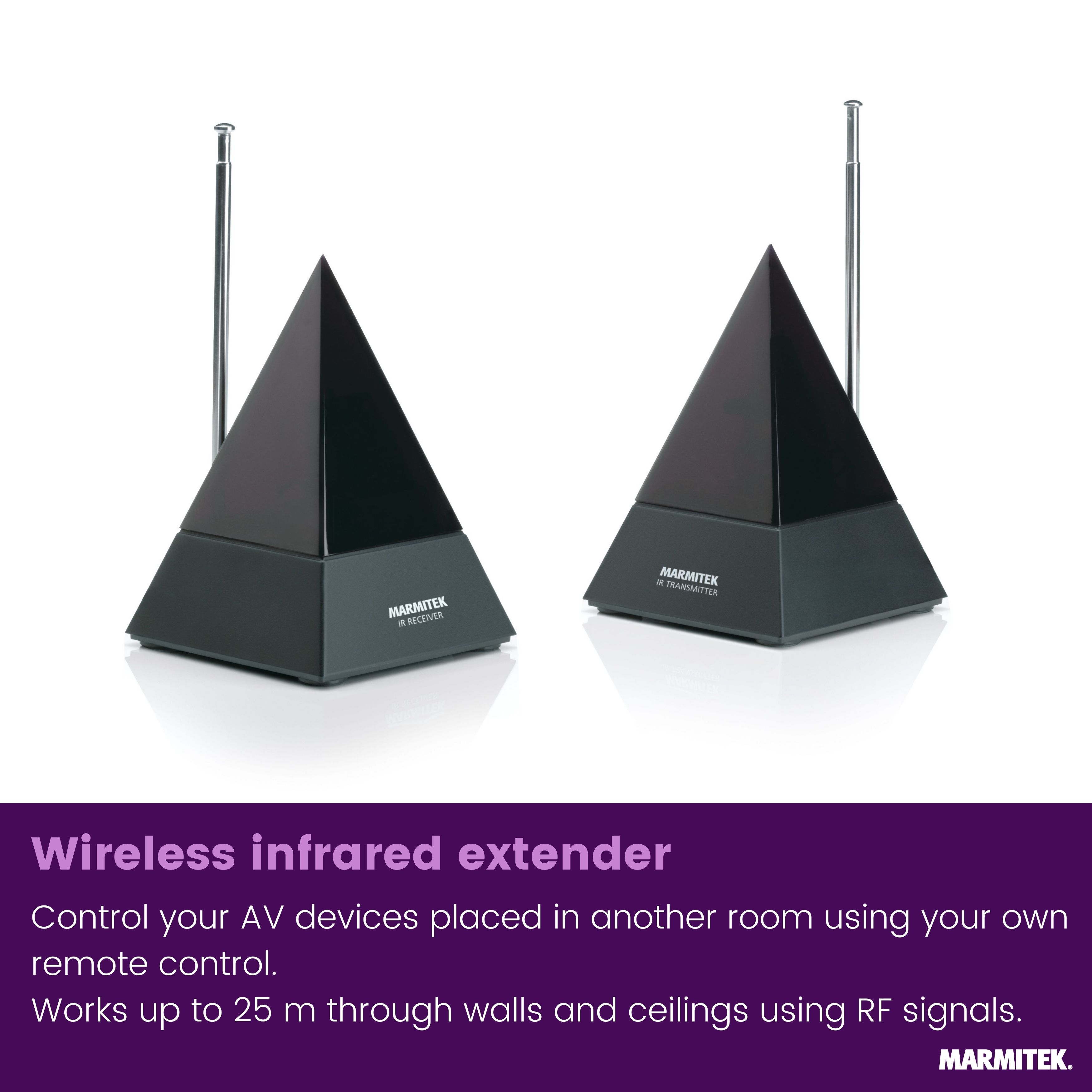 Two black pyramid-shaped IR extenders with antennas on a white background.