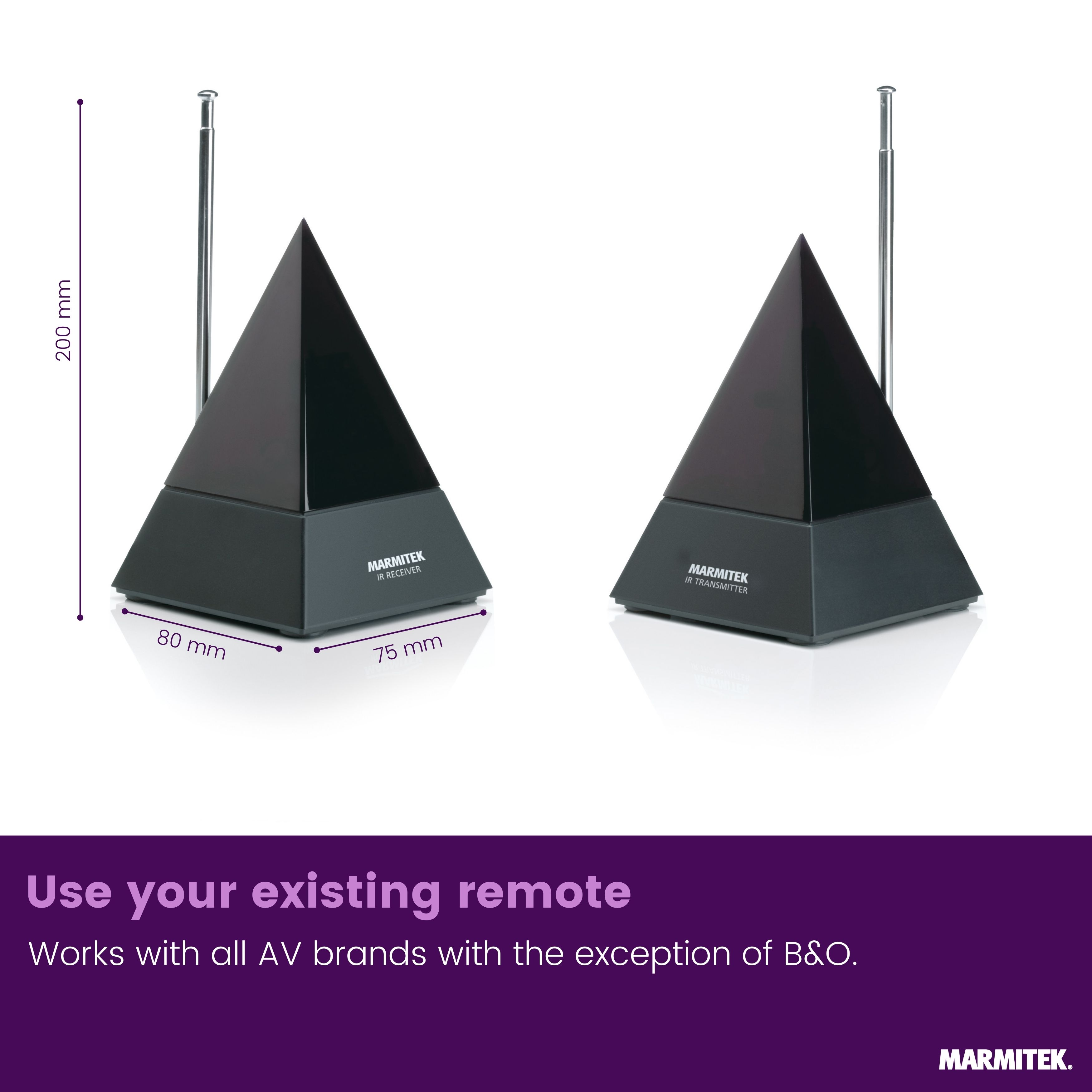 Two black pyramid IR receivers with antennas, 200 mm tall.