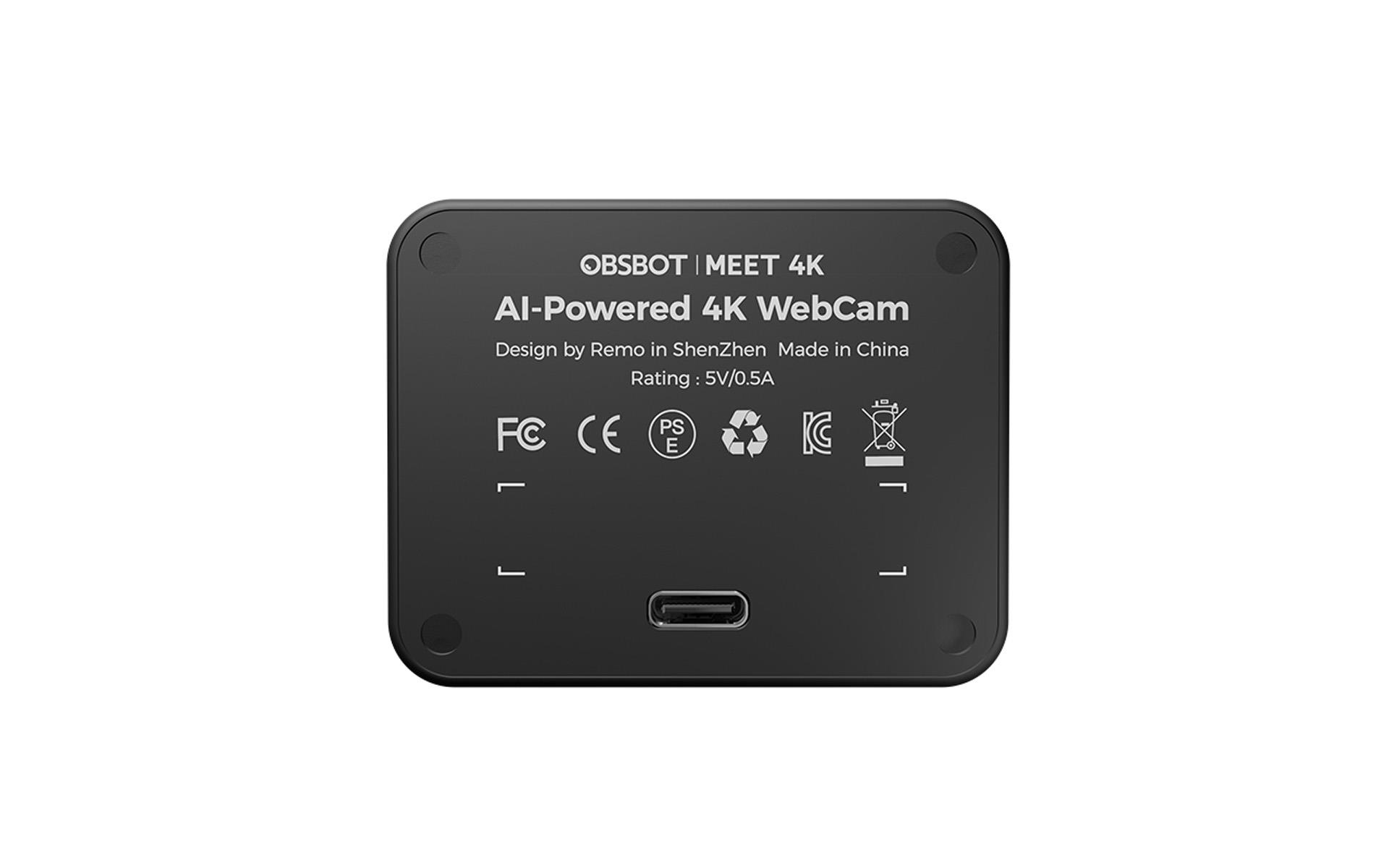 Retro di una webcam OBSBOT MEET 4K nera con loghi FCC, CE e PS E.