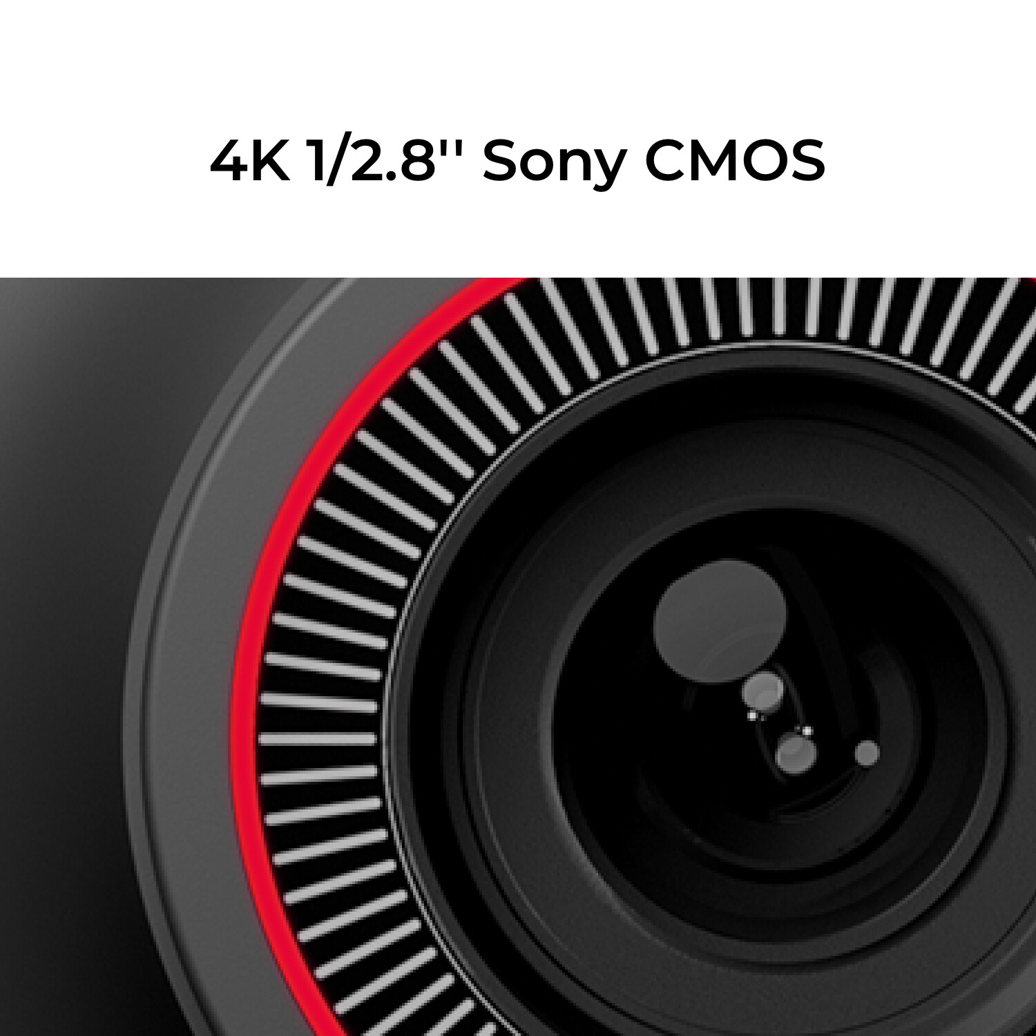 Primo piano di un obiettivo con anello rosso e linee. 4K 1/2.8" Sony CMOS.