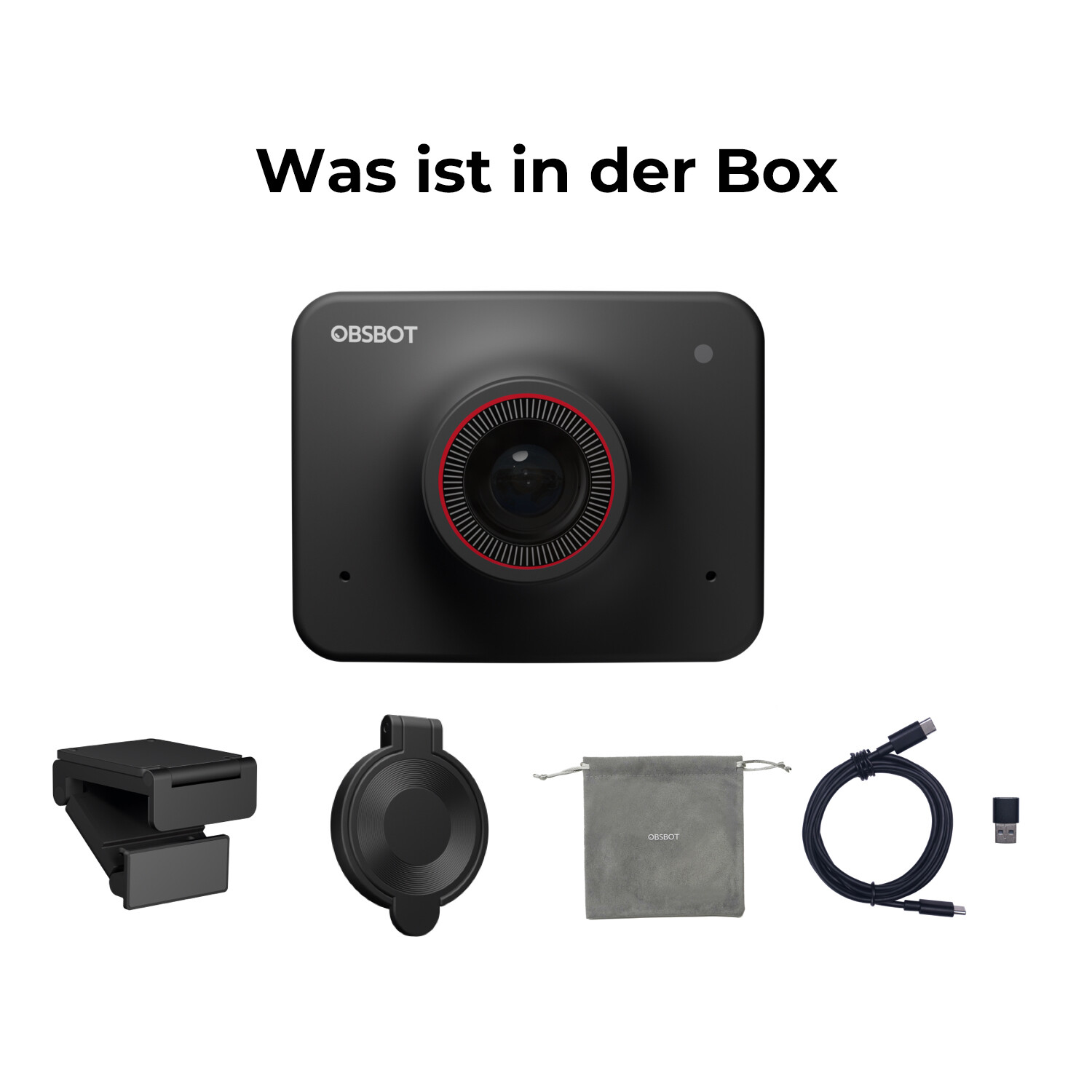 Der Inhalt der Box: OBSBOT-Kamera, Halterung, Objektivdeckel, Tasche, Kabel und USB-Dongle.