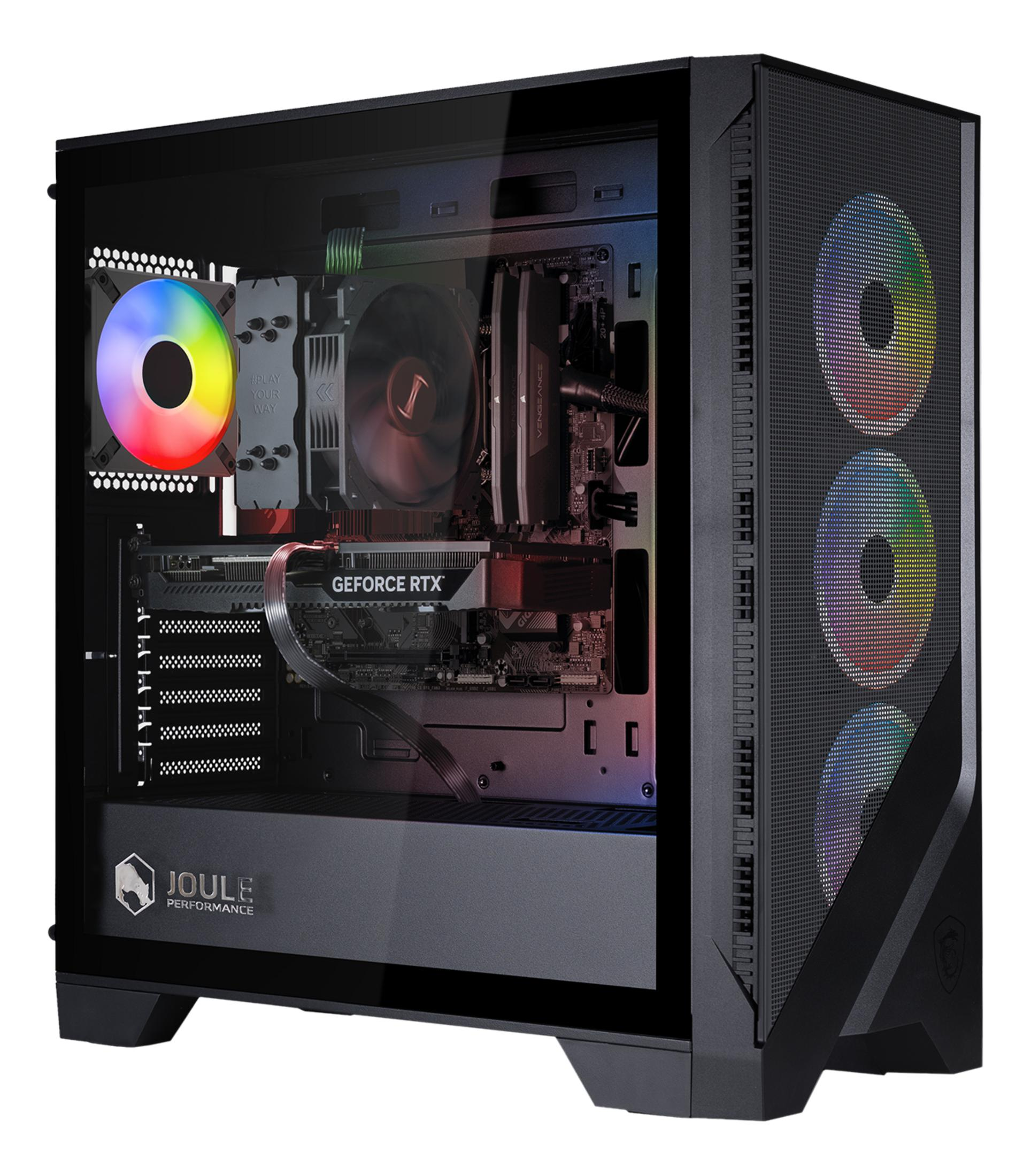 Ein schwarzer Computerturm mit Glasseitenteil, der interne Komponenten und RGB-Beleuchtung zeigt.