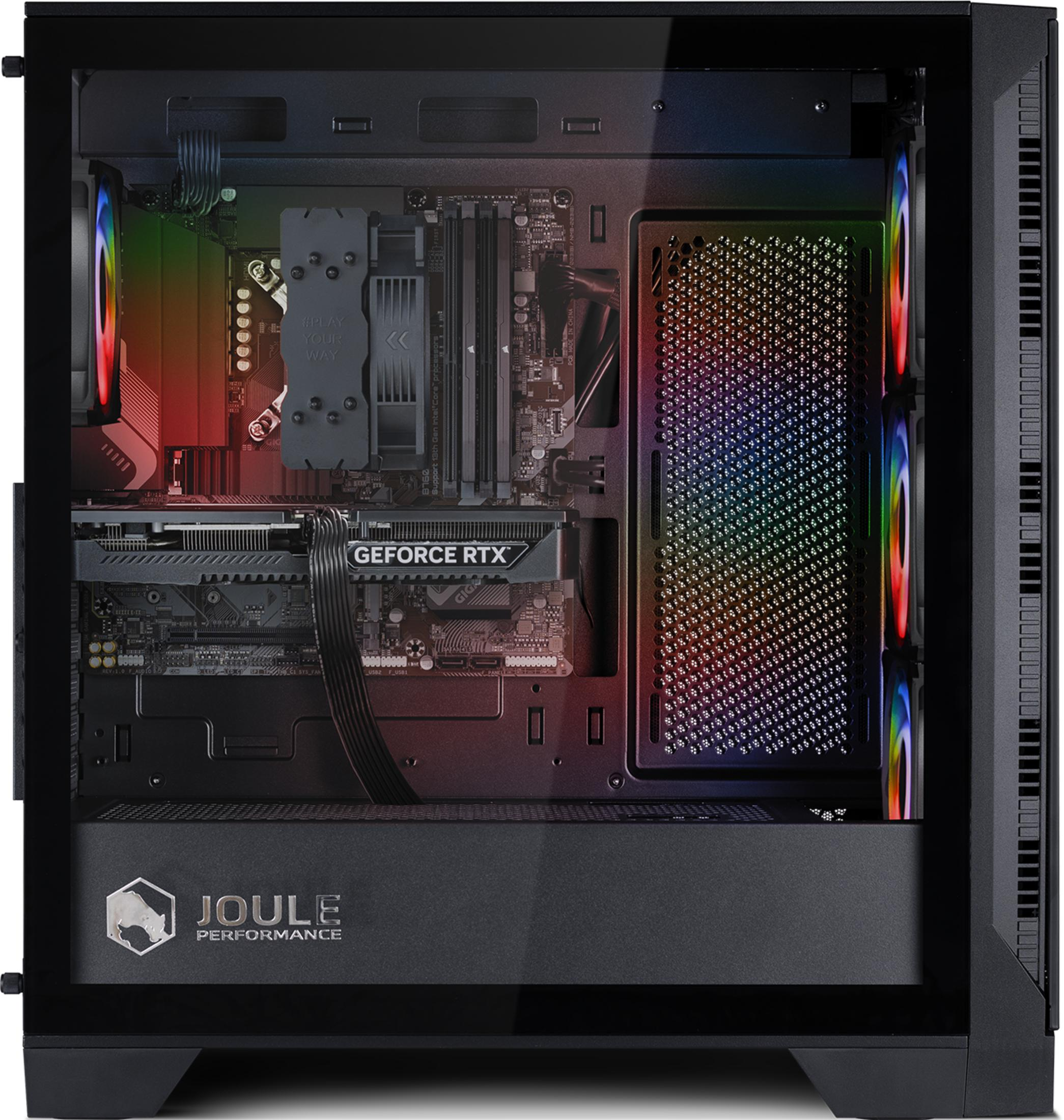 Ein PC-Gehäuse mit RGB-Lüftern, Grafikkarte und CPU-Kühler.