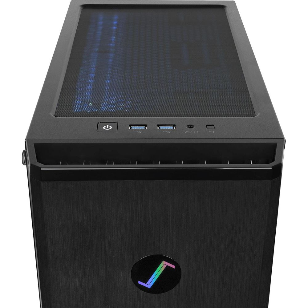 Boîtier d'ordinateur noir avec grille supérieure et logo illuminé.