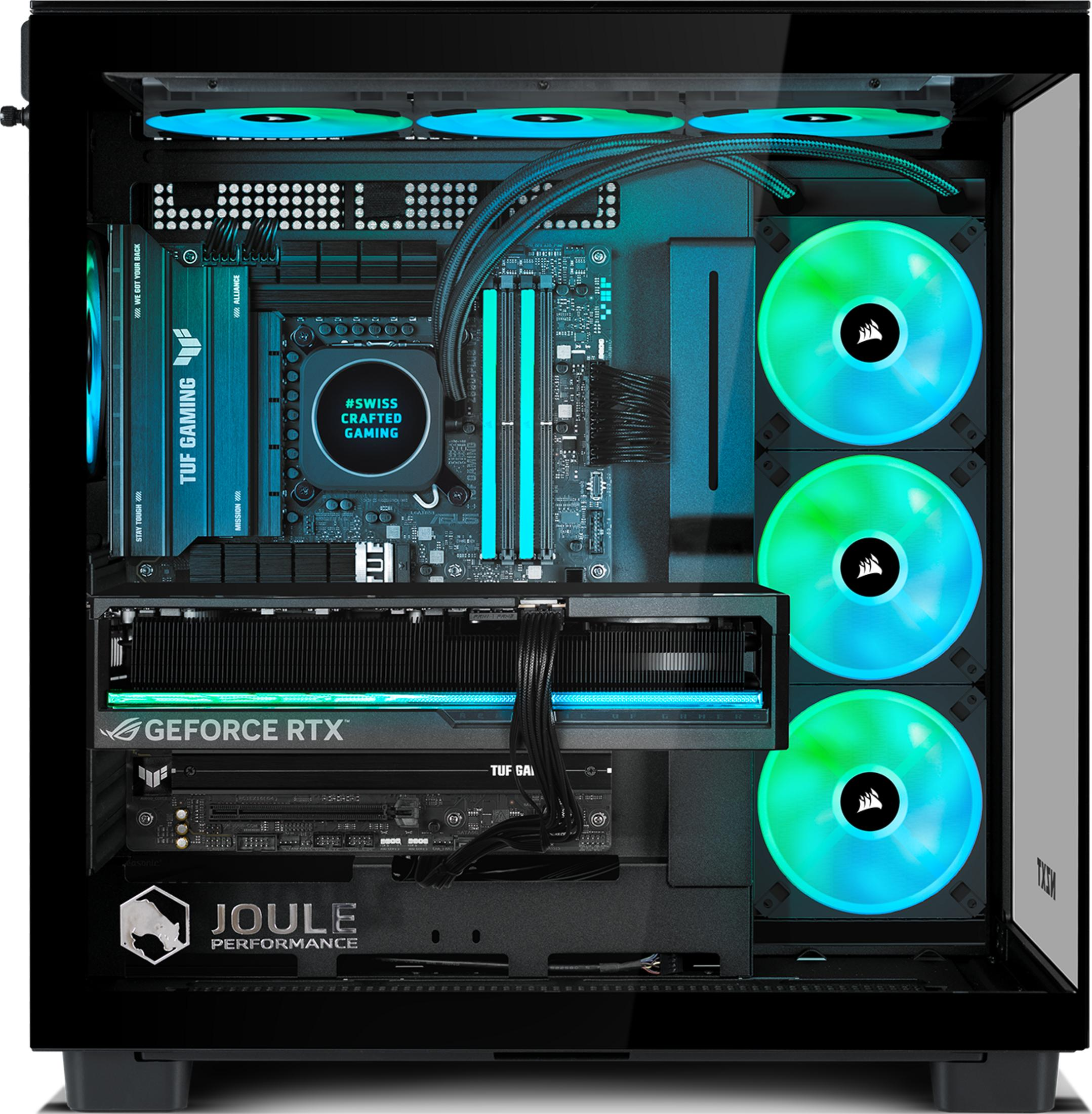 Un PC da gaming aperto con ventole RGB, scheda grafica e RAM blu.