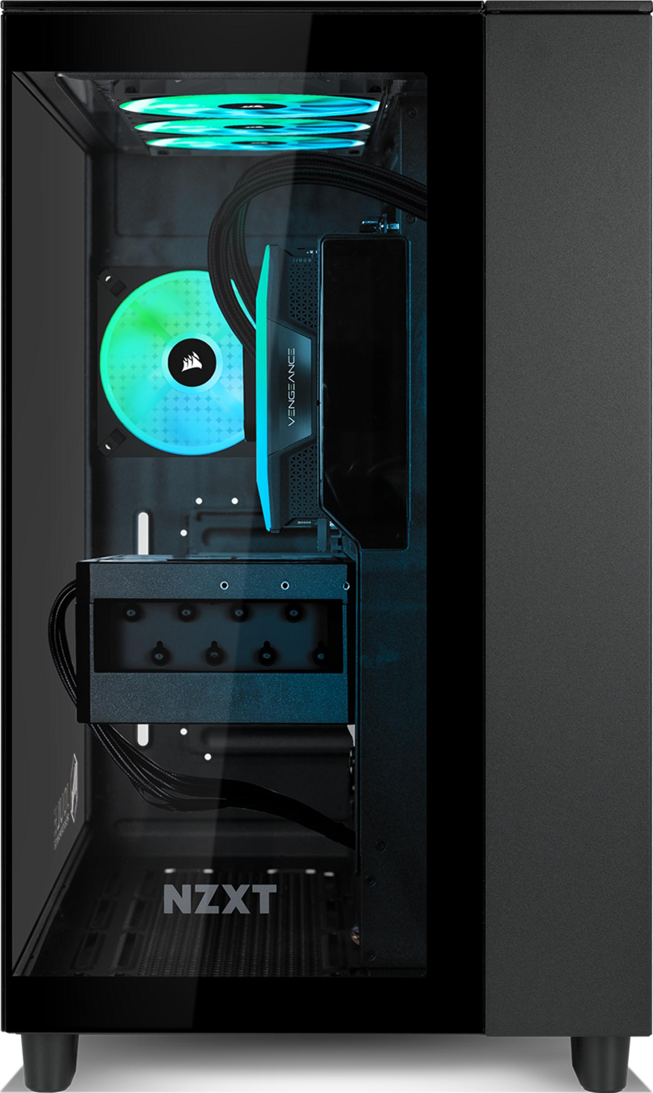 Un case per computer nero con frontale in vetro, illuminato da ventole blu e verdi.