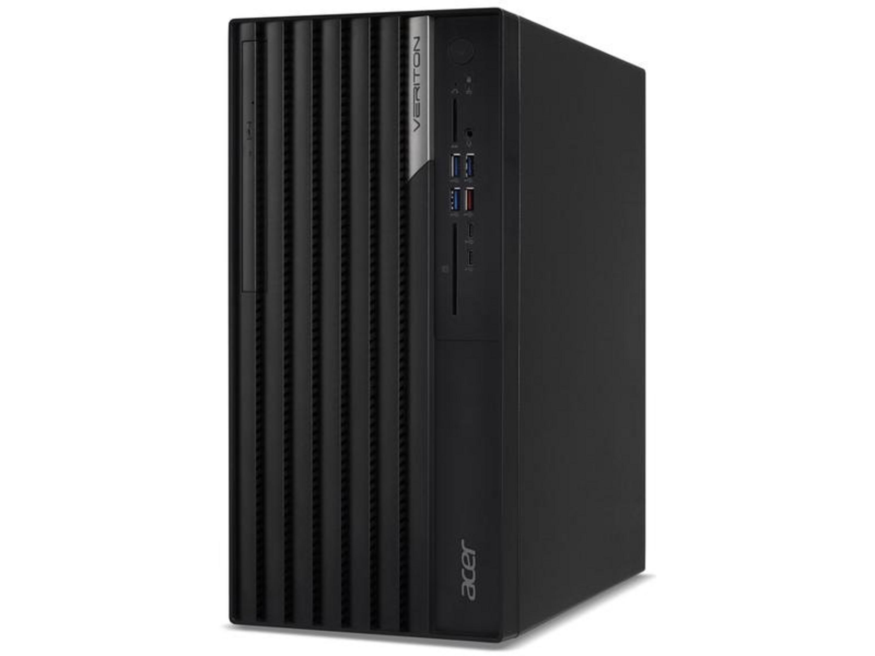 Schwarzer Acer Veriton Desktop-PC mit vertikalen Lüftungsschlitzen und Anschlüssen.