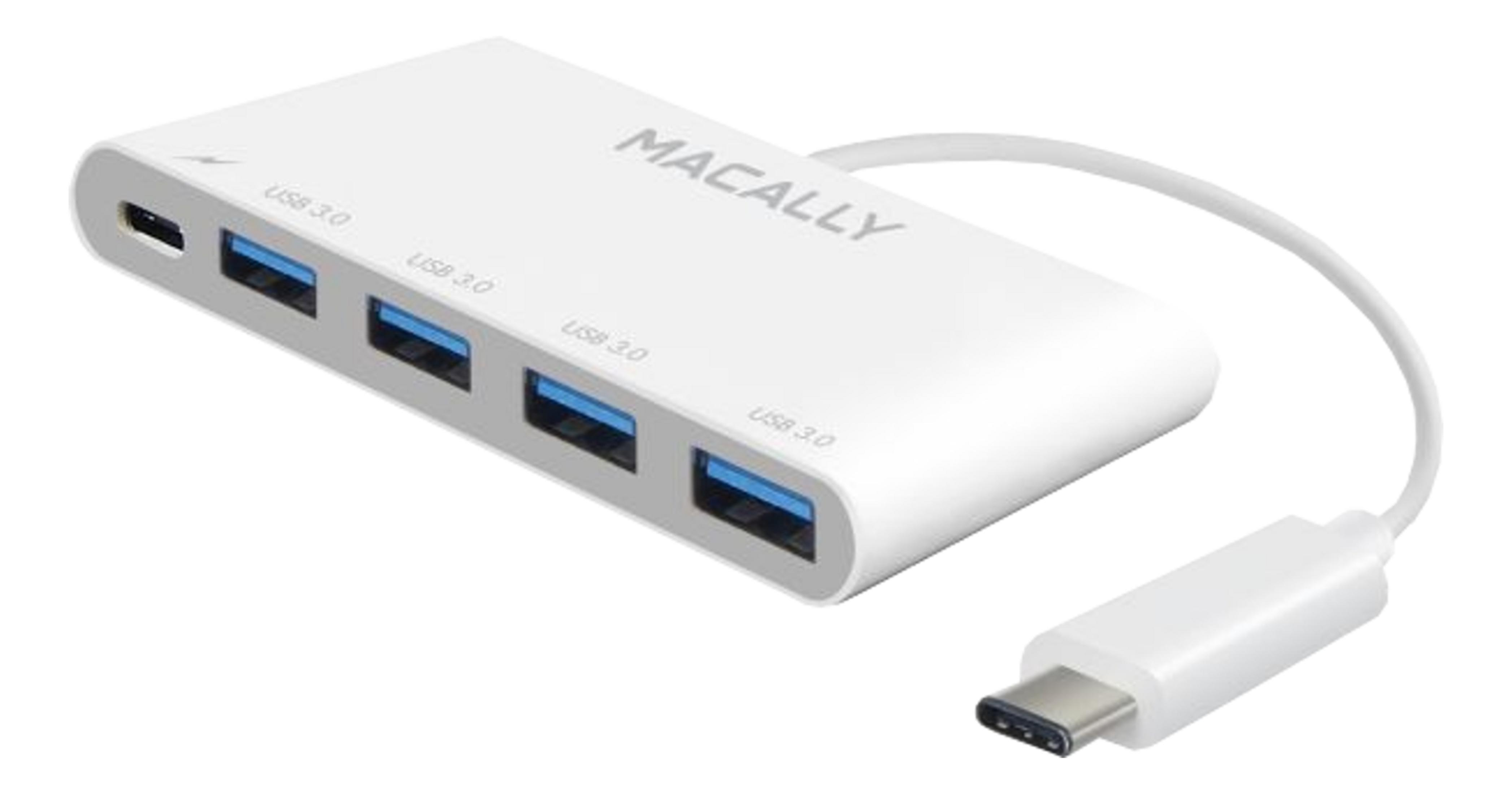 Weißer USB-C-Hub mit vier USB 3.0-Anschlüssen und einem USB-C-Anschluss.
