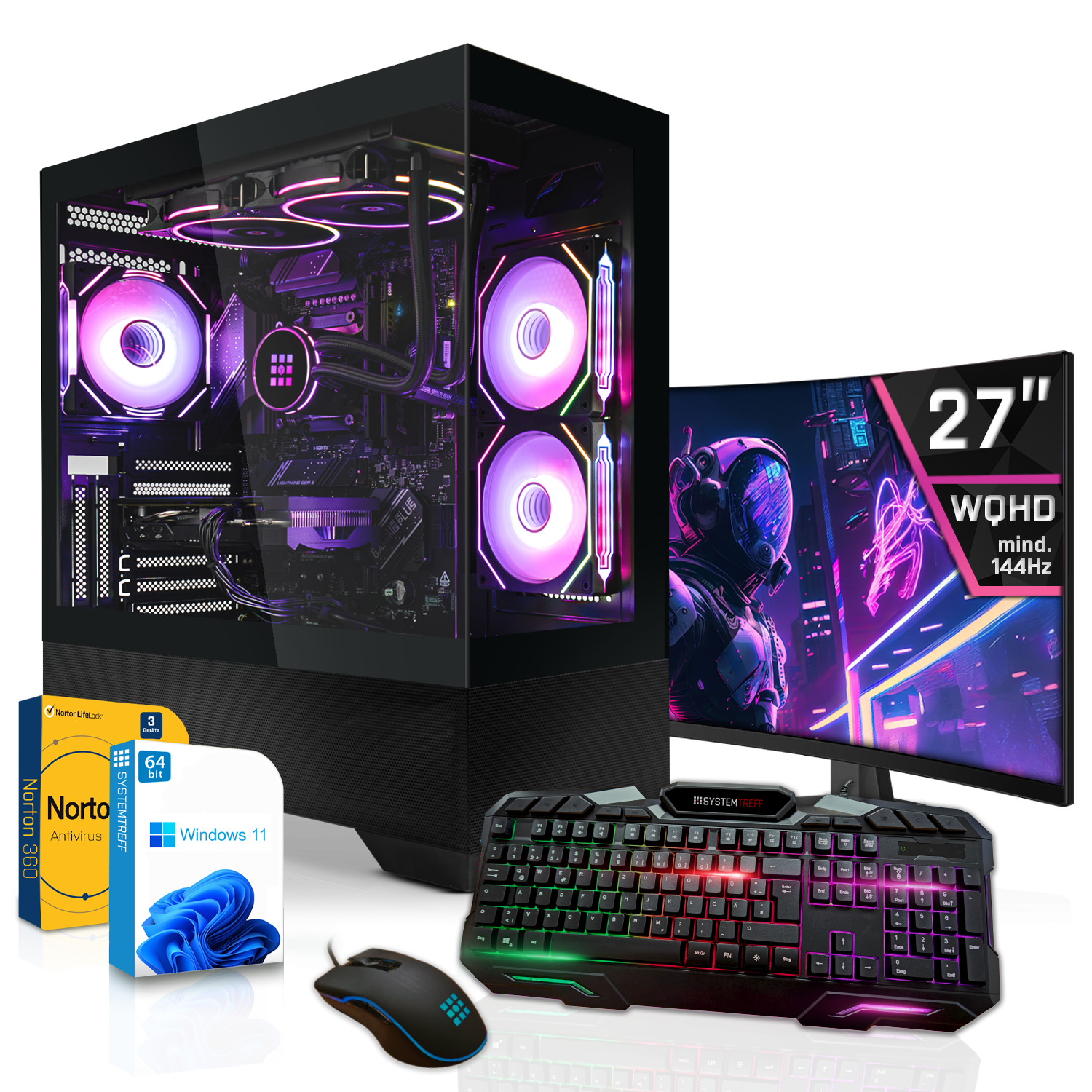 Ein Gaming-PC mit RGB-Beleuchtung, 27-Zoll-Monitor, Tastatur, Maus und Software.