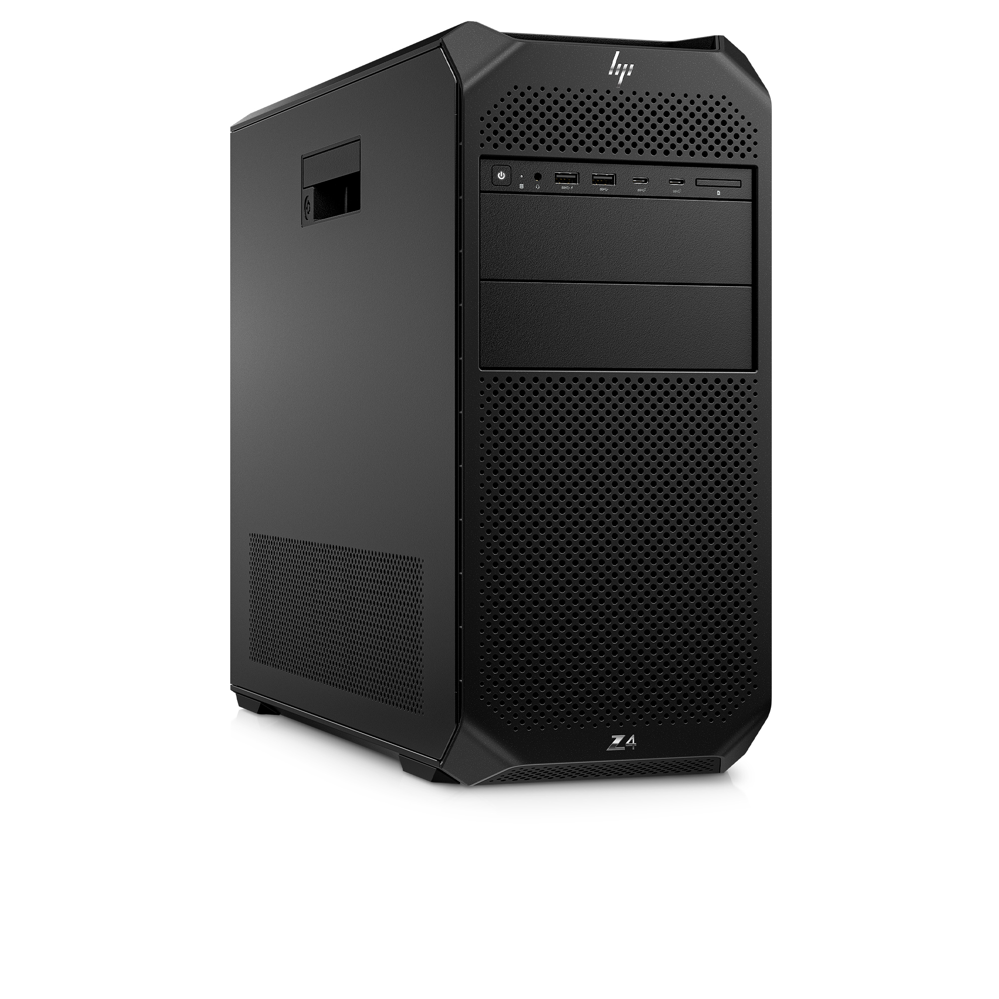 Un case nero HP Z4 tower con porte e griglie di ventilazione.