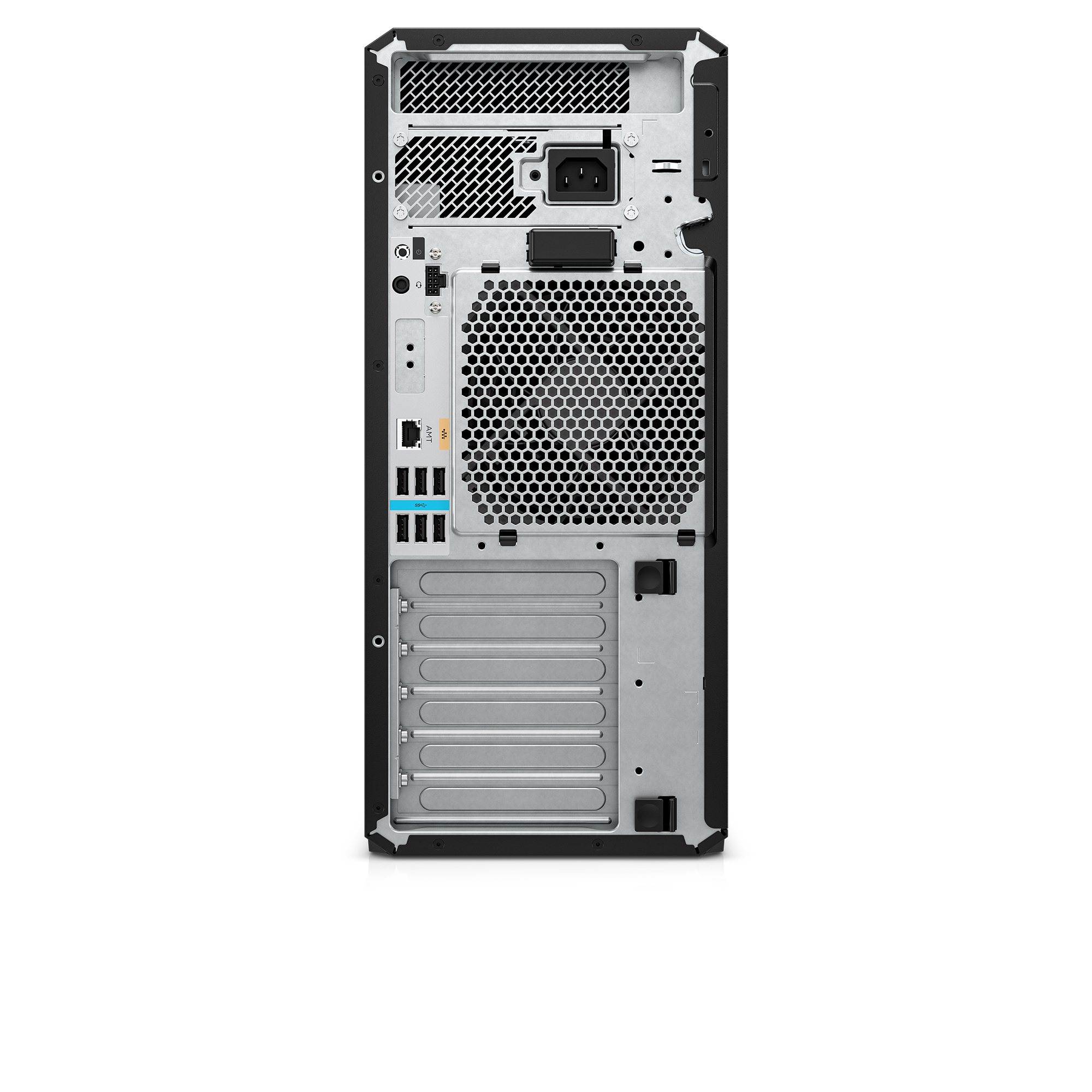 Retro di un case per computer nero con prese d'aria, porte e alimentatore.