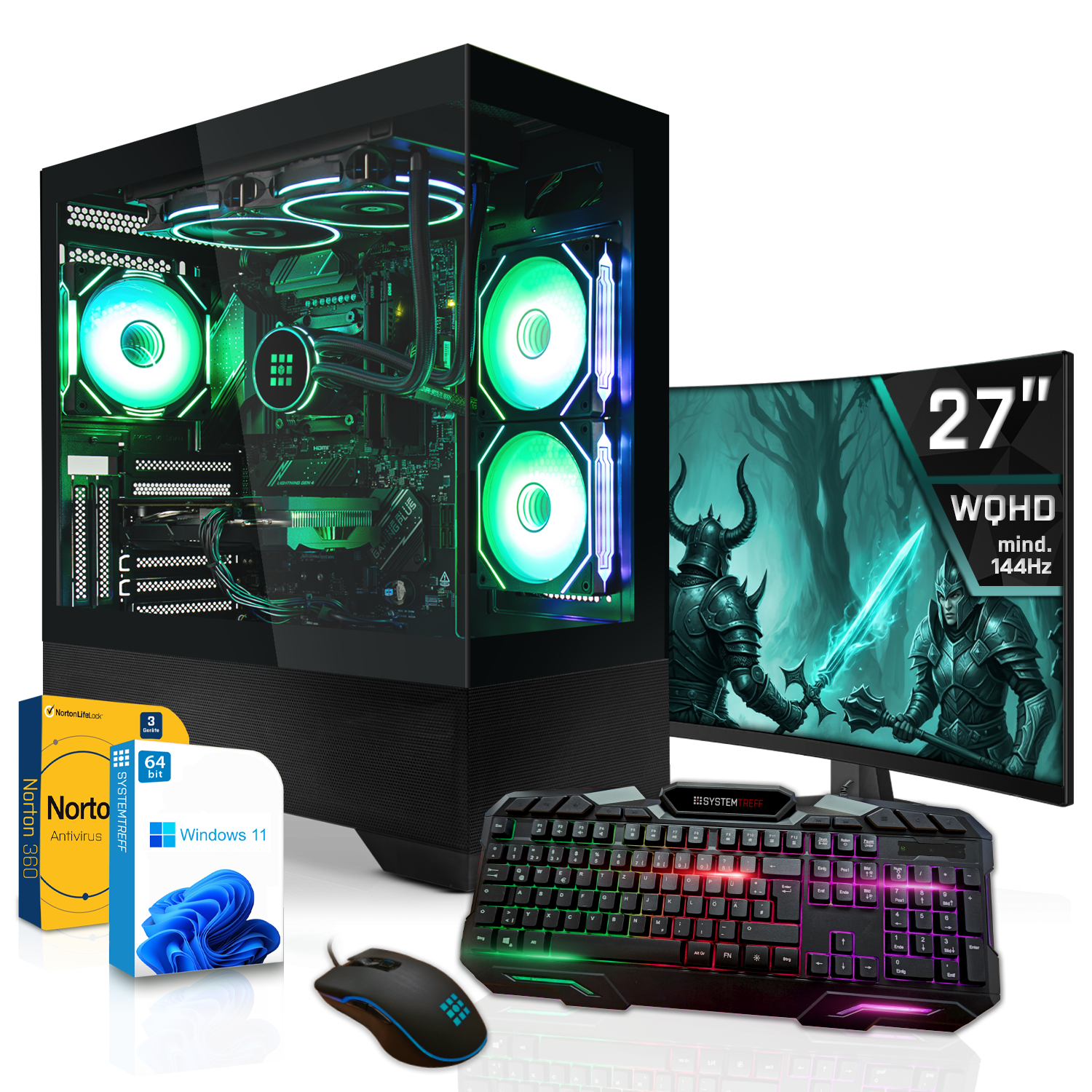 Gaming-PC mit RGB-Lüftern, Curved-Monitor, Tastatur, Maus und Software-Boxen.
