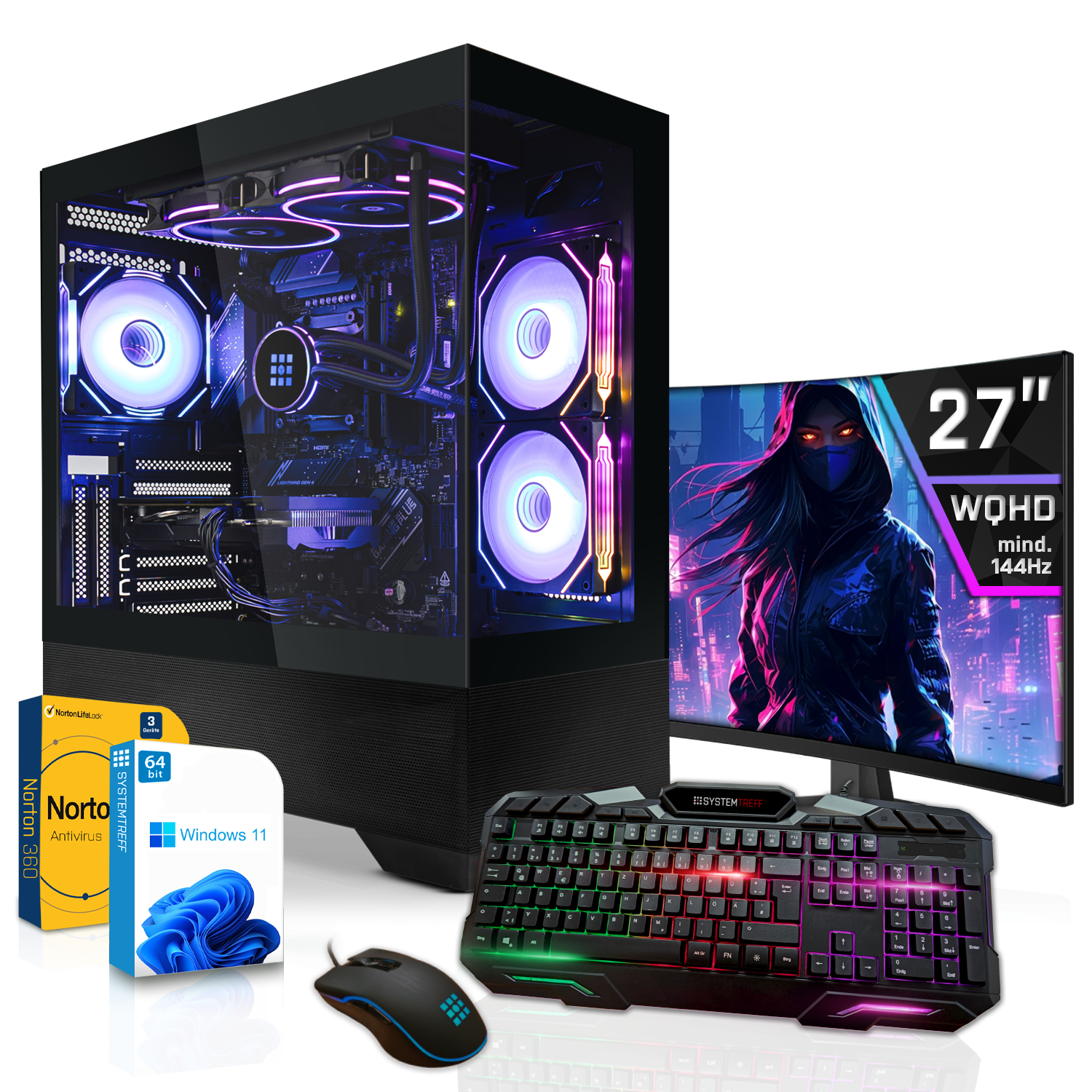 Ein Gaming-PC mit RGB-Lüftern, 27-Zoll-Monitor, Tastatur, Maus und Software.