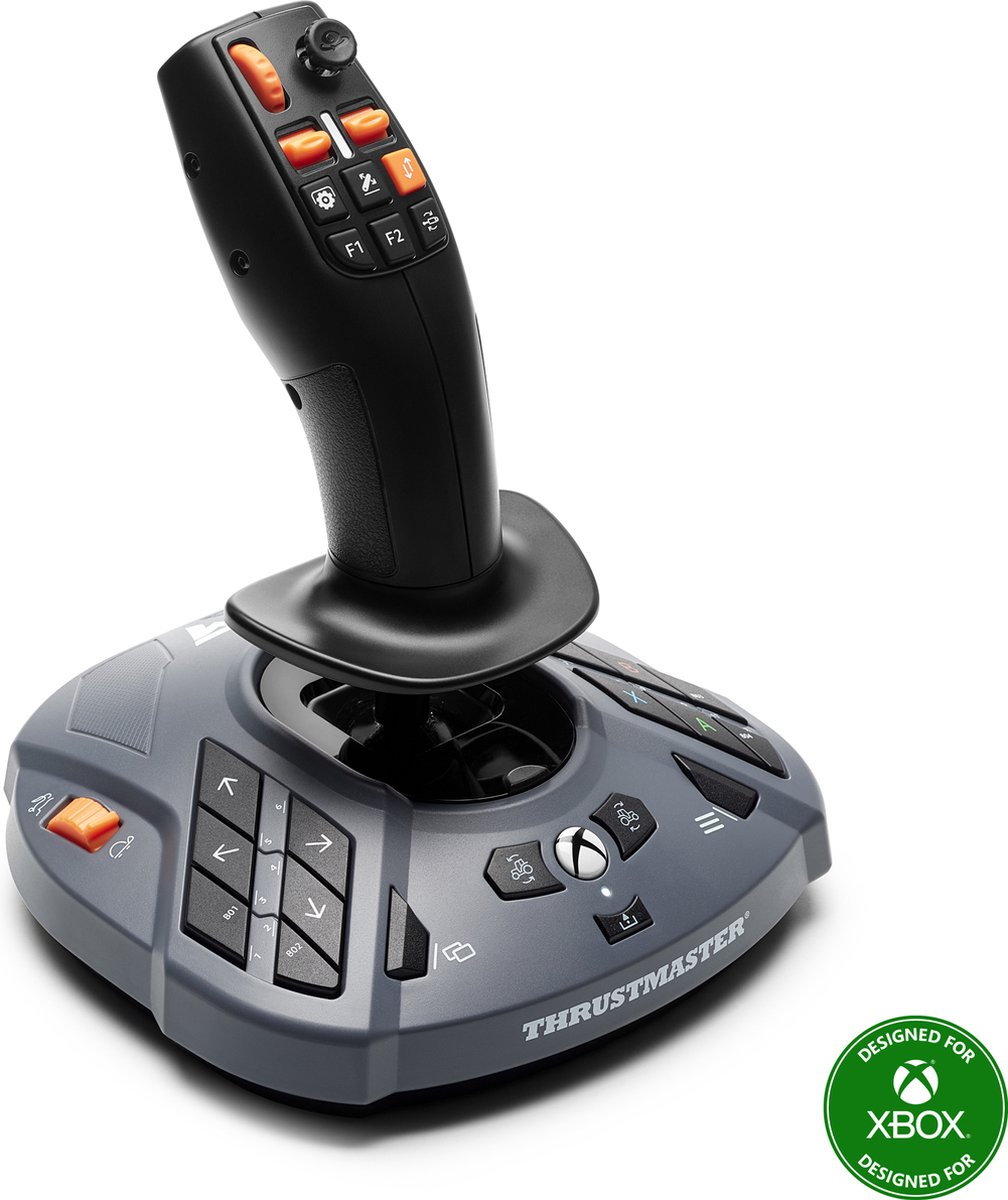 Een grijze Thrustmaster joystick voor Xbox, met zwarte handgreep en vele knoppen.