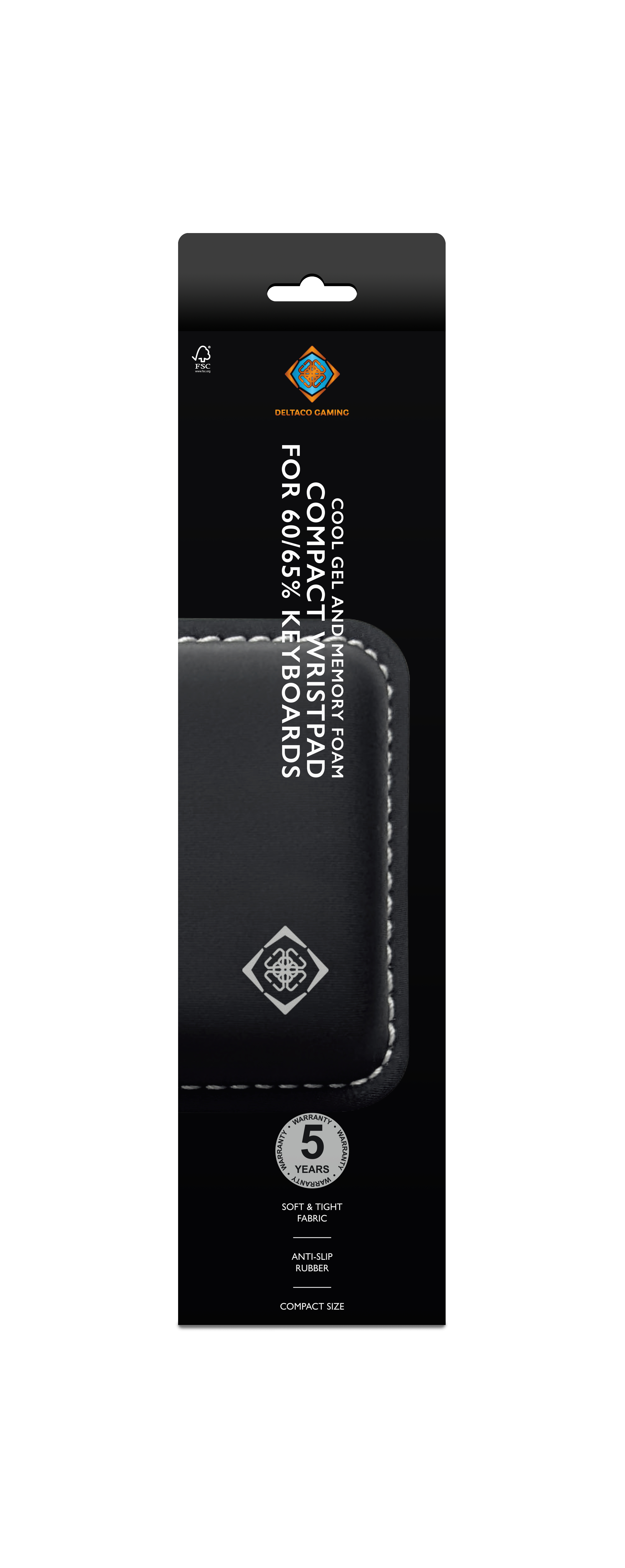 Verpackung für ein schwarzes Handgelenkpad mit weißer Naht und Text.