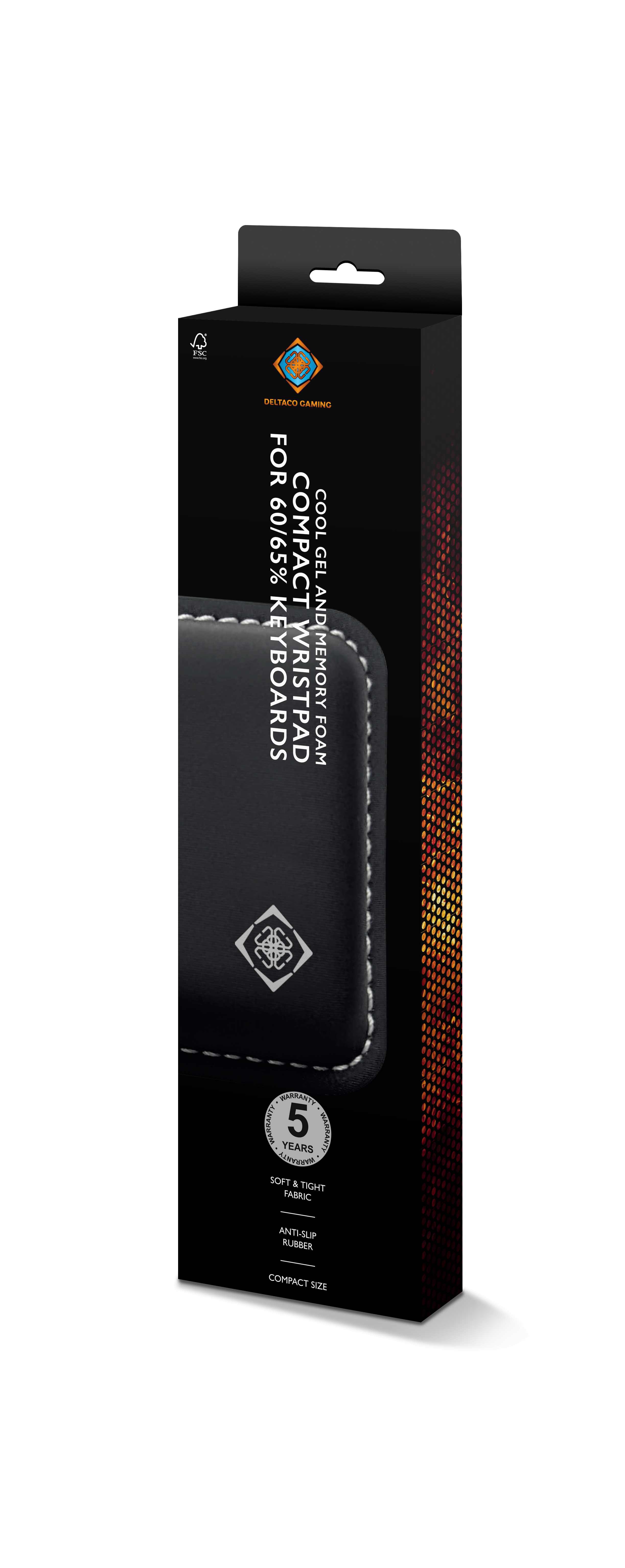 Schwarze Verpackung für ein kompaktes Handgelenkpolster. Text hebt Kühlgel, Memory-Schaum und 5 Jahre Garantie hervor.