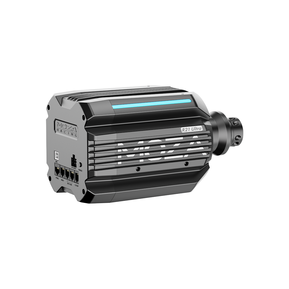 Une base de volant Moza R21 Ultra noire avec bande LED bleue et ports.