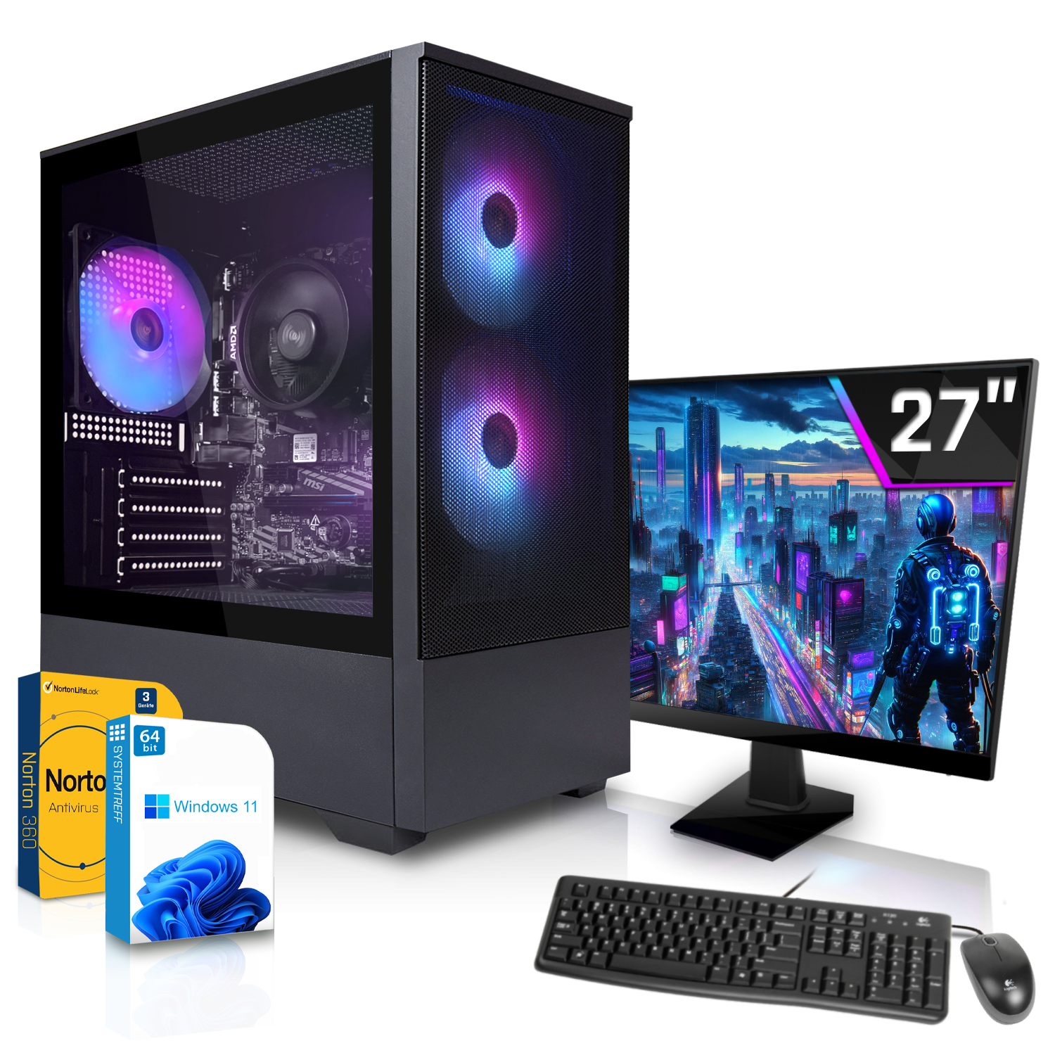 Gaming-PC mit RGB-Beleuchtung, 27-Zoll-Monitor, Tastatur, Maus und Software.