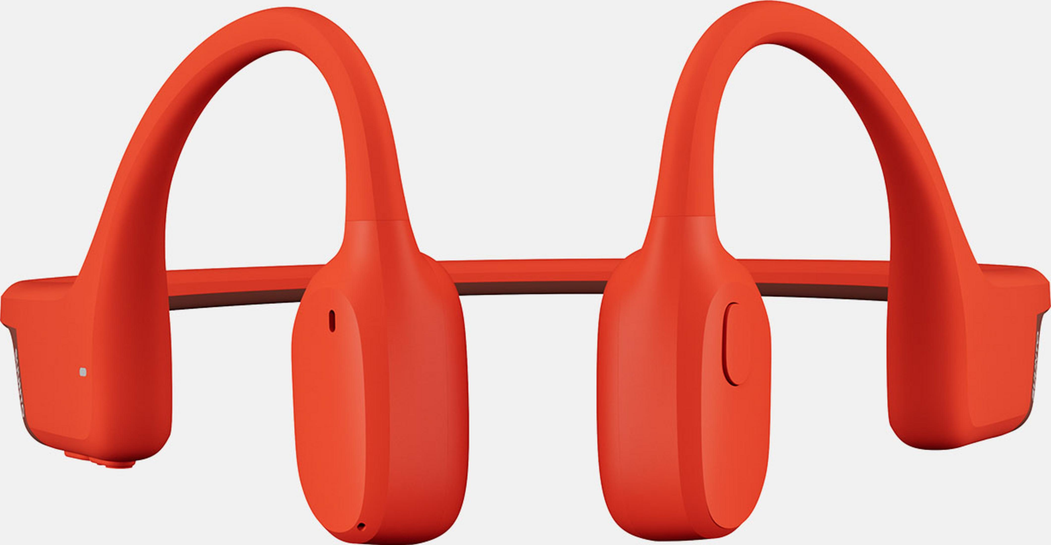 Due auricolari arancioni con ganci per le orecchie collegati da una barra orizzontale.