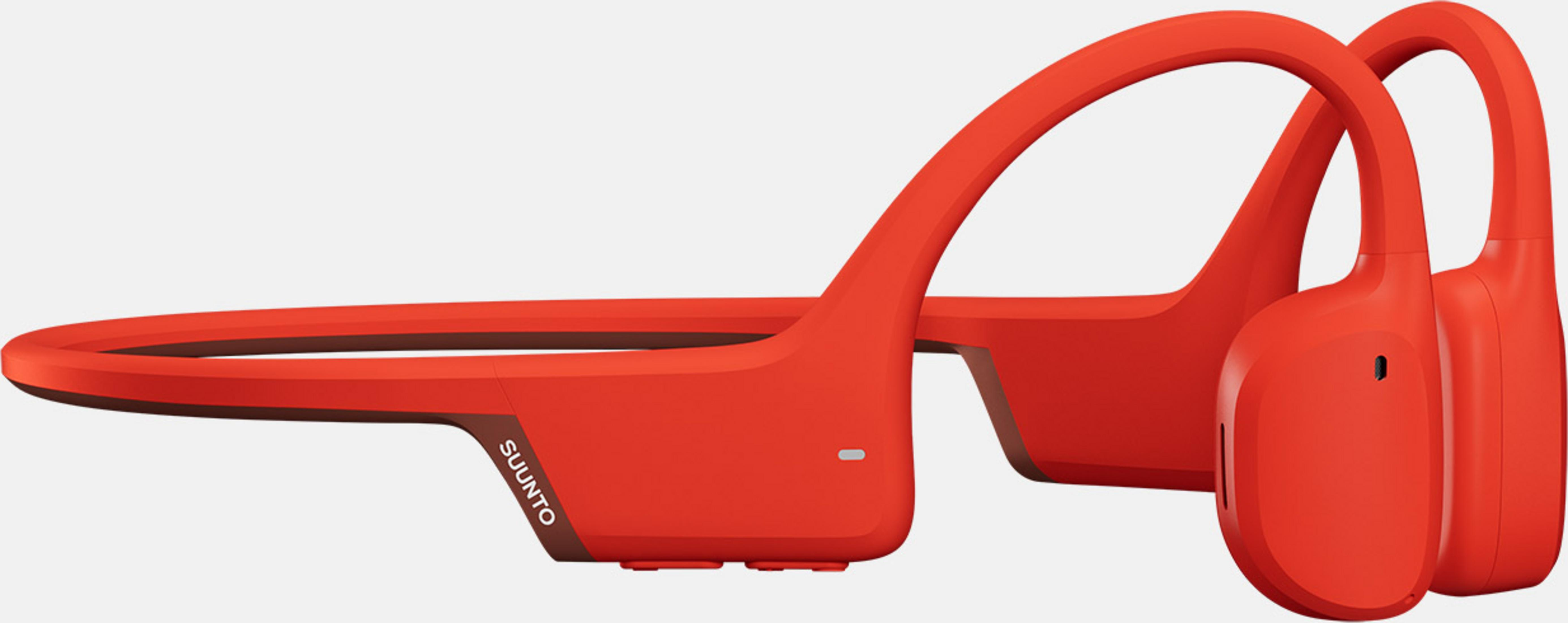 Cuffie Suunto rosse con design a fascia, scatto in studio.