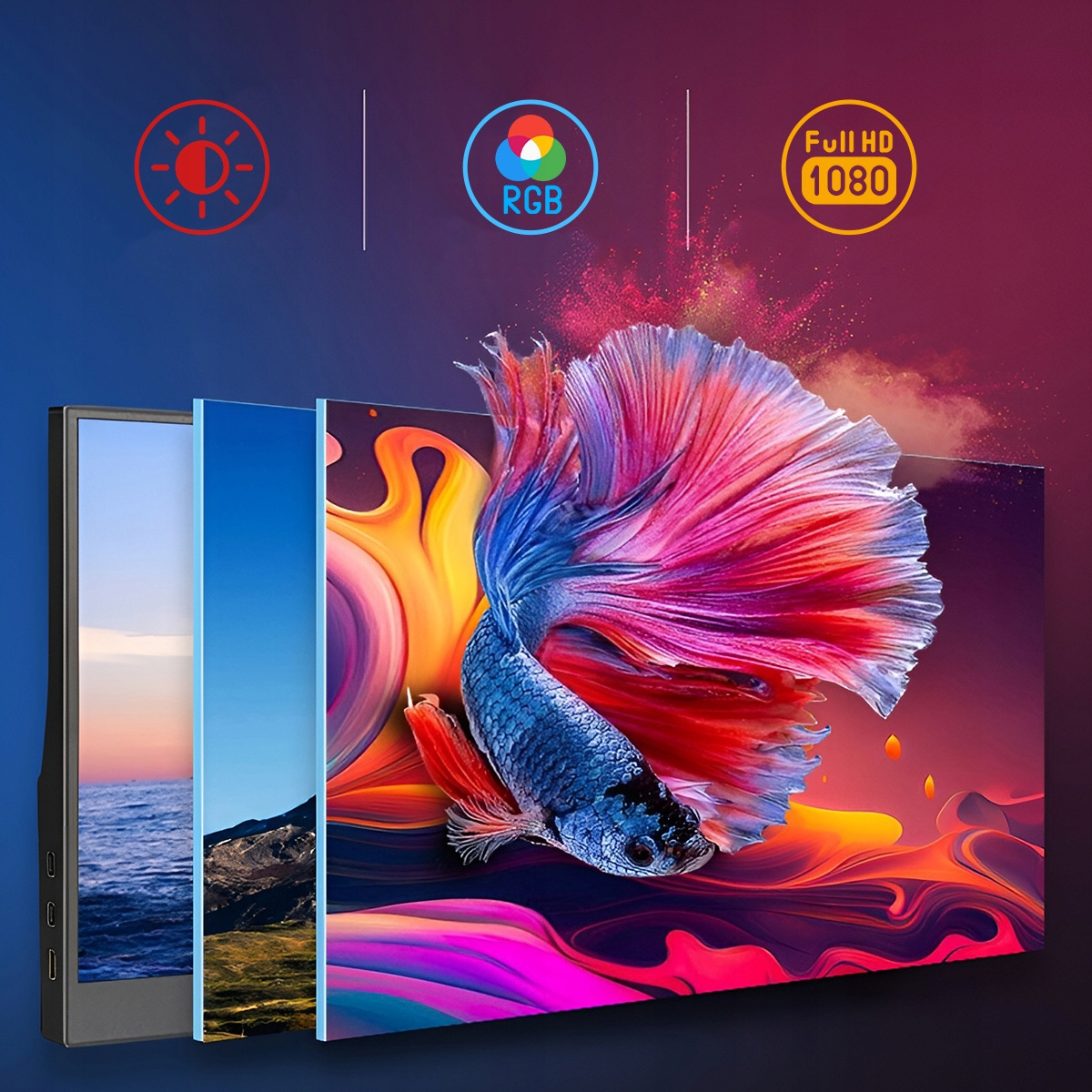 Ryba w wodzie na kolorowym tle, z ikonami jasności, RGB i Full HD.