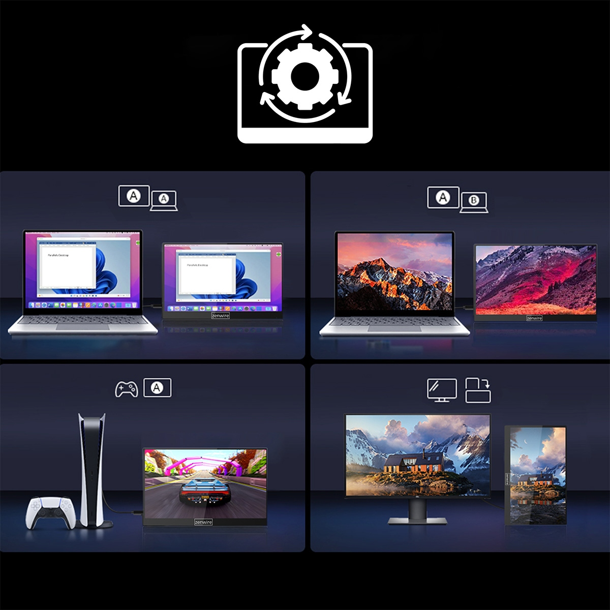 Wyświetlane są różne urządzenia, w tym laptopy, monitory i konsola do gier.
