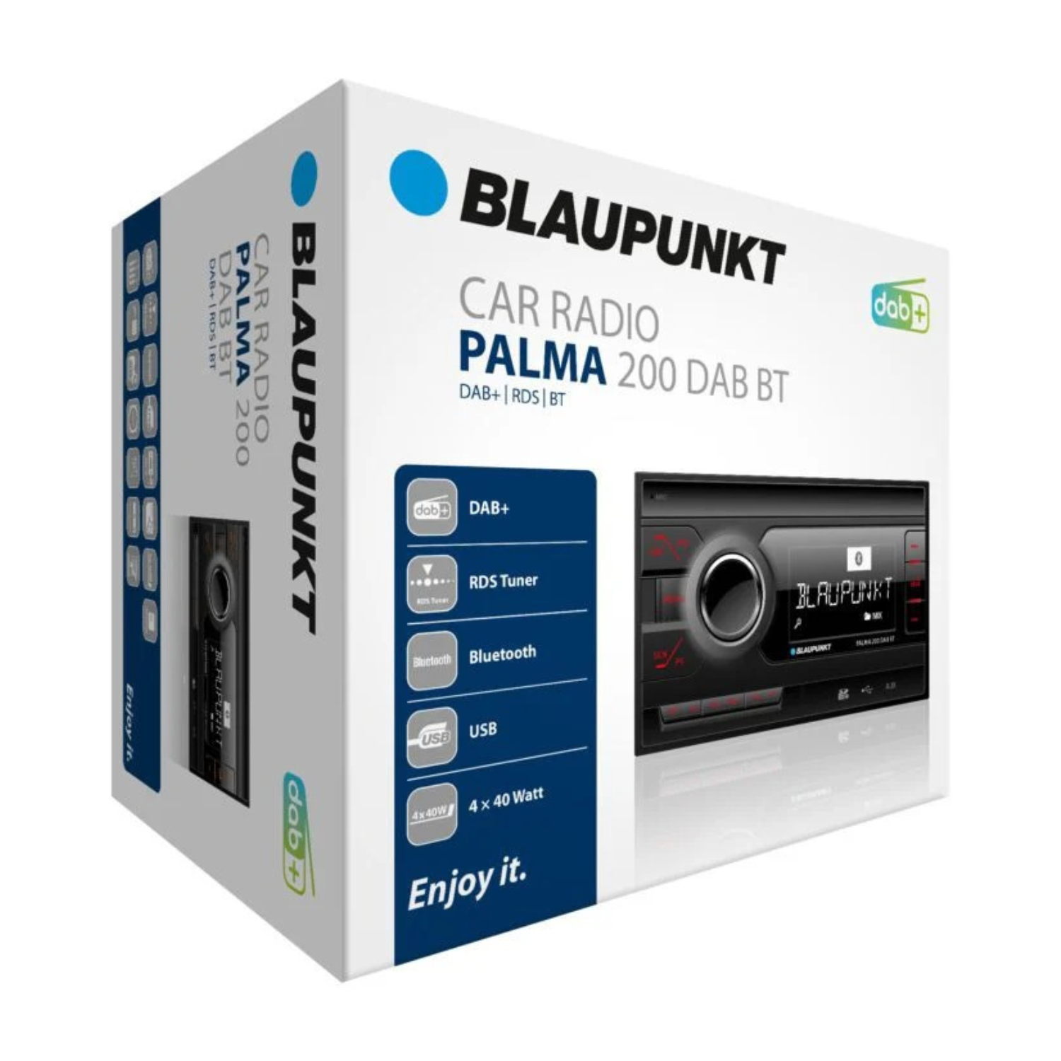 Verpackung eines Blaupunkt Autoradios Palma 200 DAB BT mit Frontansicht.