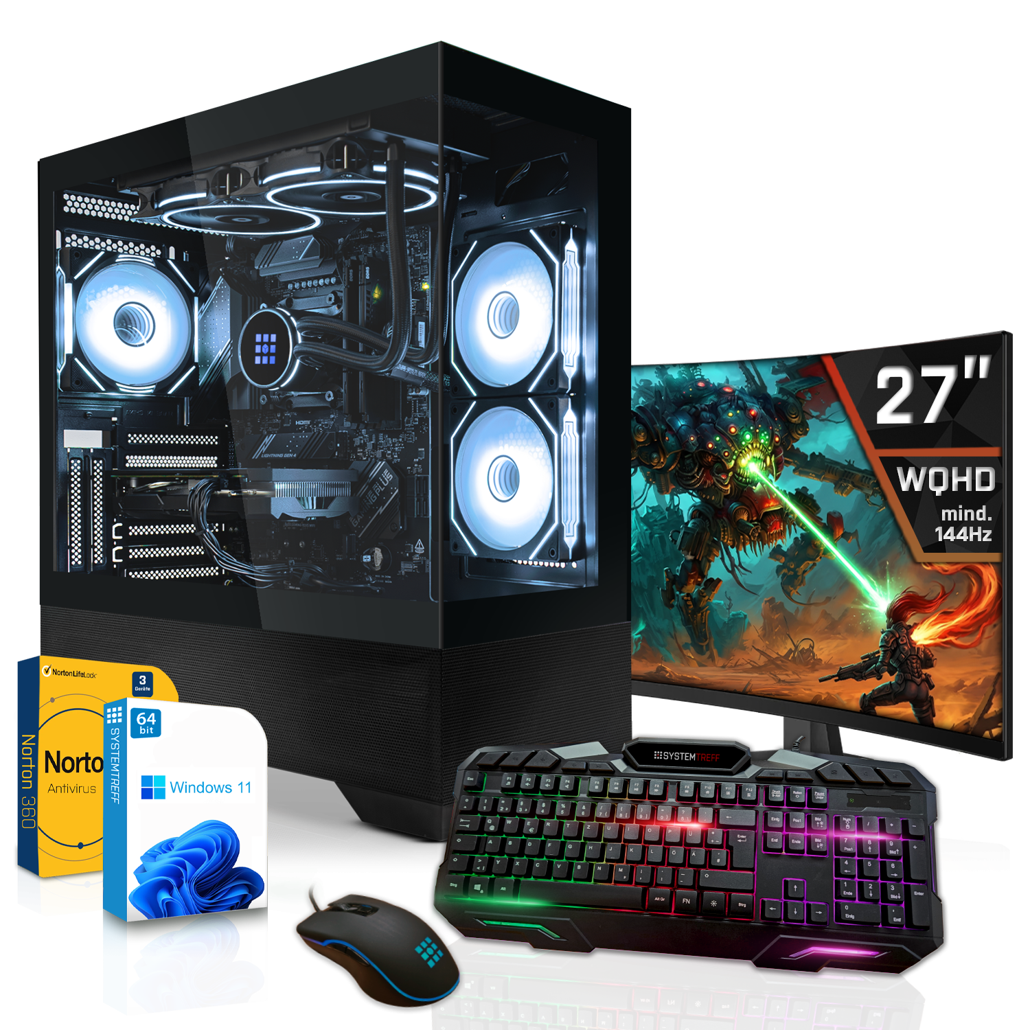 Gaming-PC mit transparentem Gehäuse, RGB-Beleuchtung, 27-Zoll-WQHD-Monitor, Tastatur, Maus und Software.