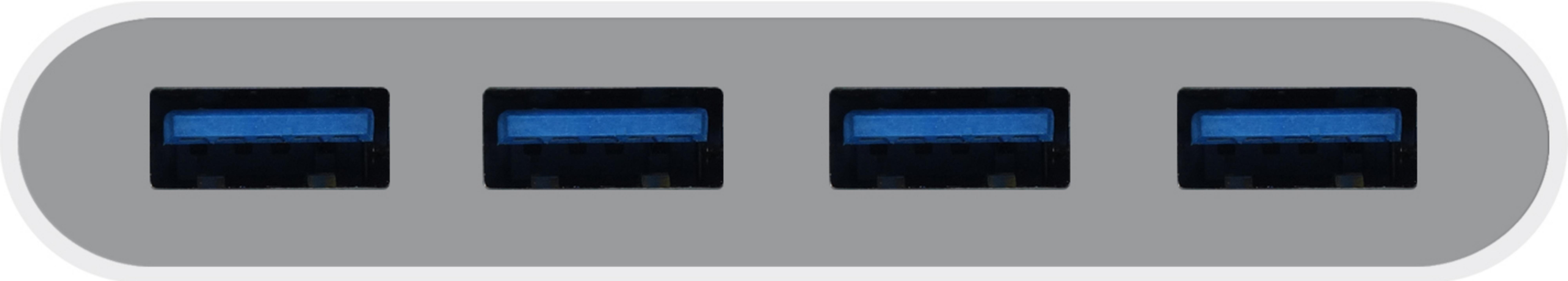 Vier blaue USB 3.0 Anschlüsse in einer Reihe auf einem grauen Hintergrund.