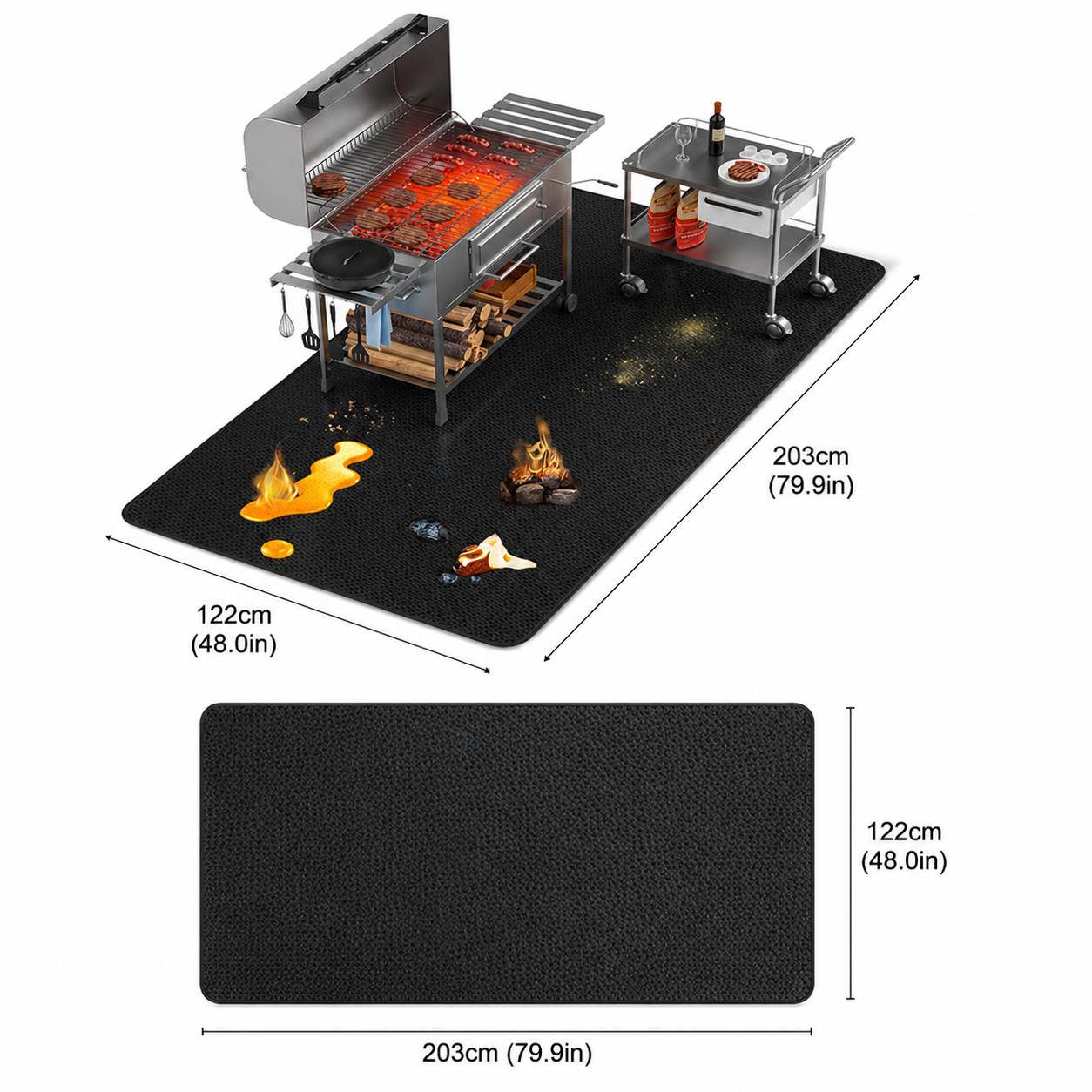 Mata pod grill 203x122cm z grillem, akcesoriami i dekoracją płomieni.