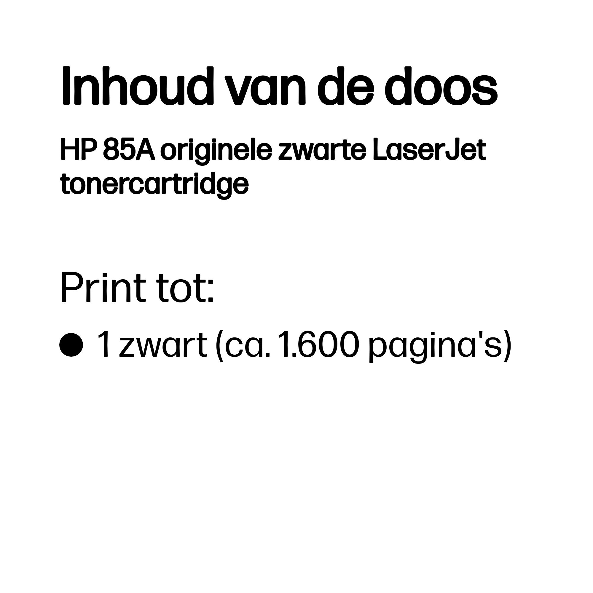Zawartość pudełka: Czarny toner LaserJet HP 85A, drukuje ok. 1600 stron.