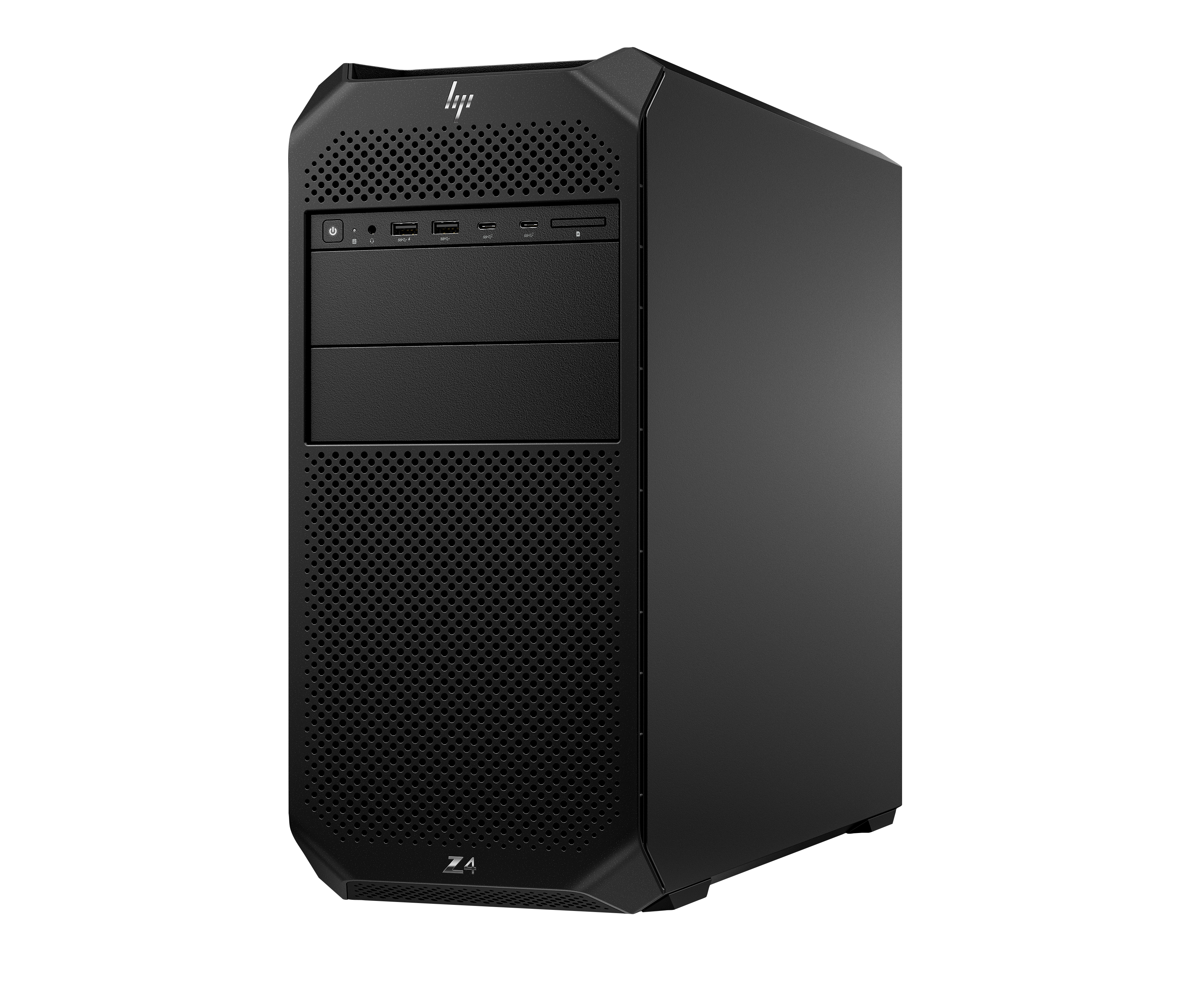 PC tower HP nero con griglia frontale e porte. Presenta logo HP e Z4.