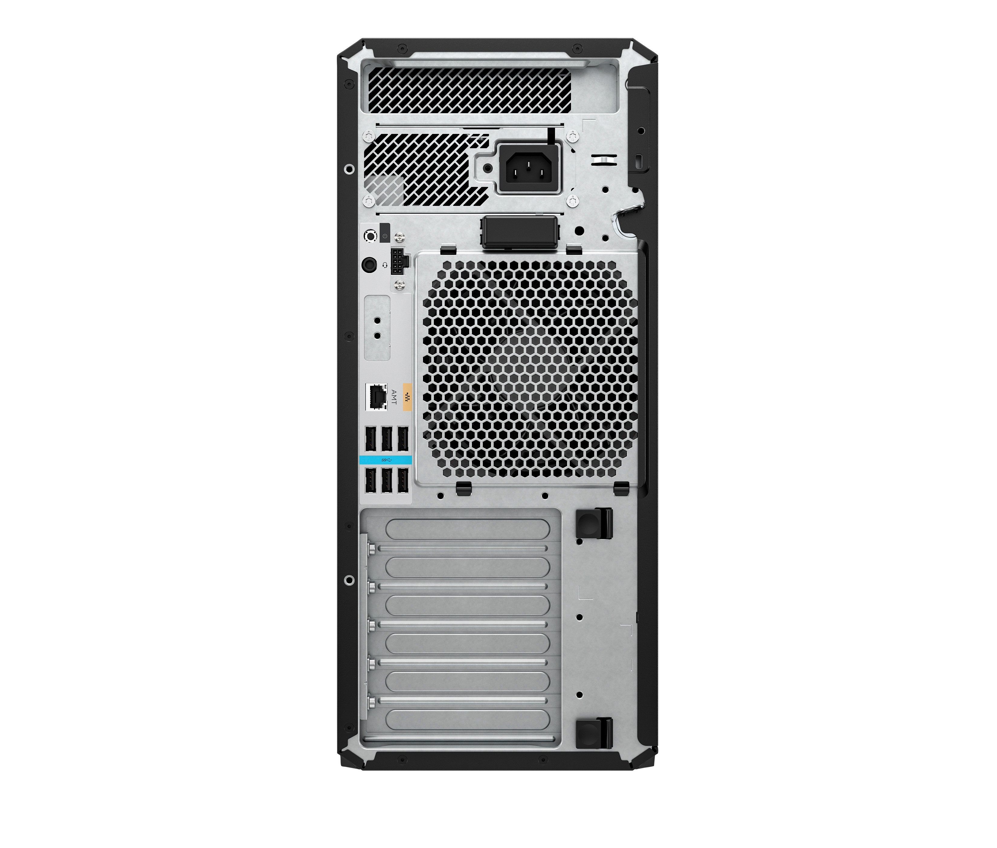 Retro di un case per computer nero con porte, ventole e griglie di ventilazione.
