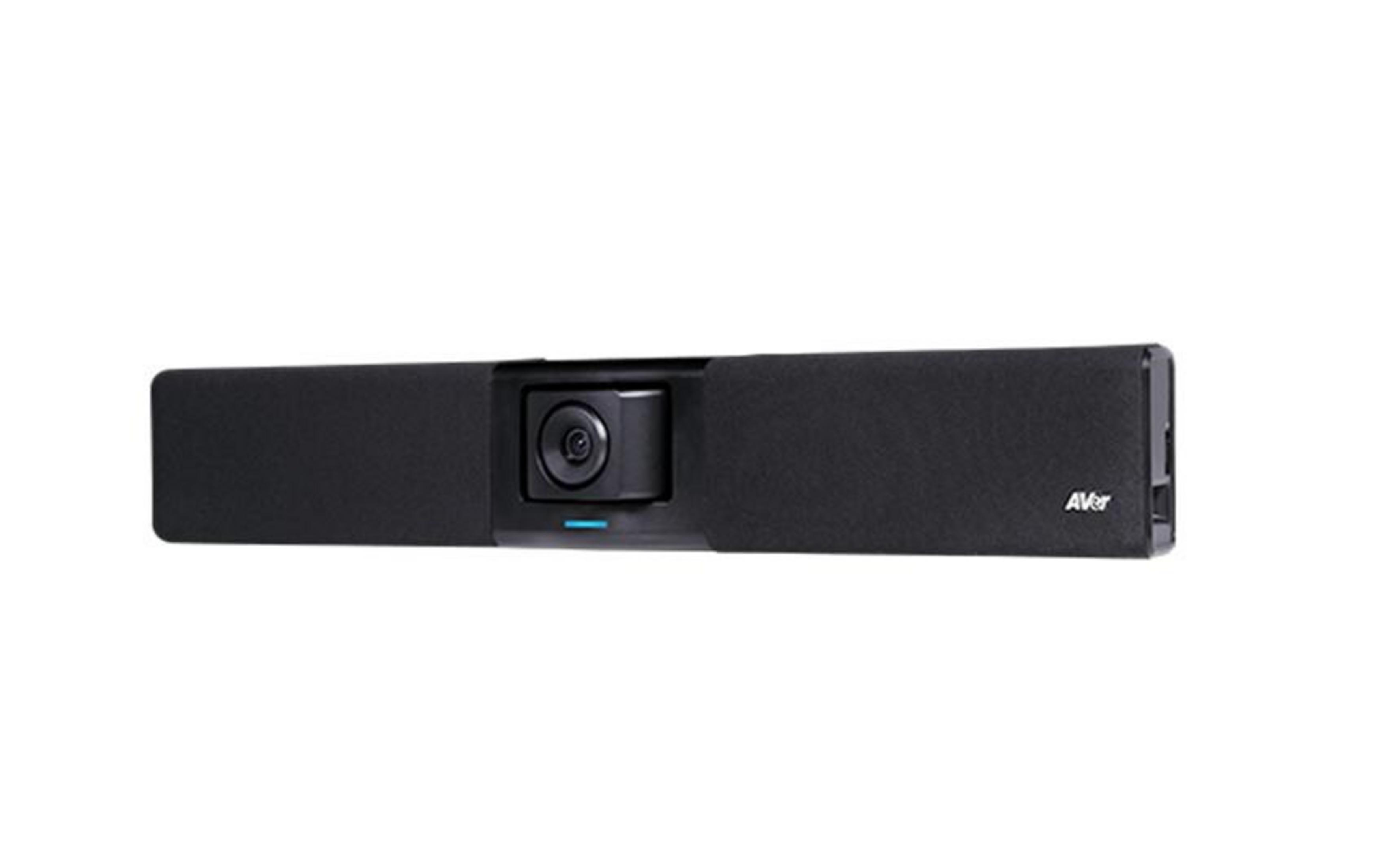 Ein schwarzer Videokonferenz-Lautsprecher mit integrierter Kamera und blauer LED.