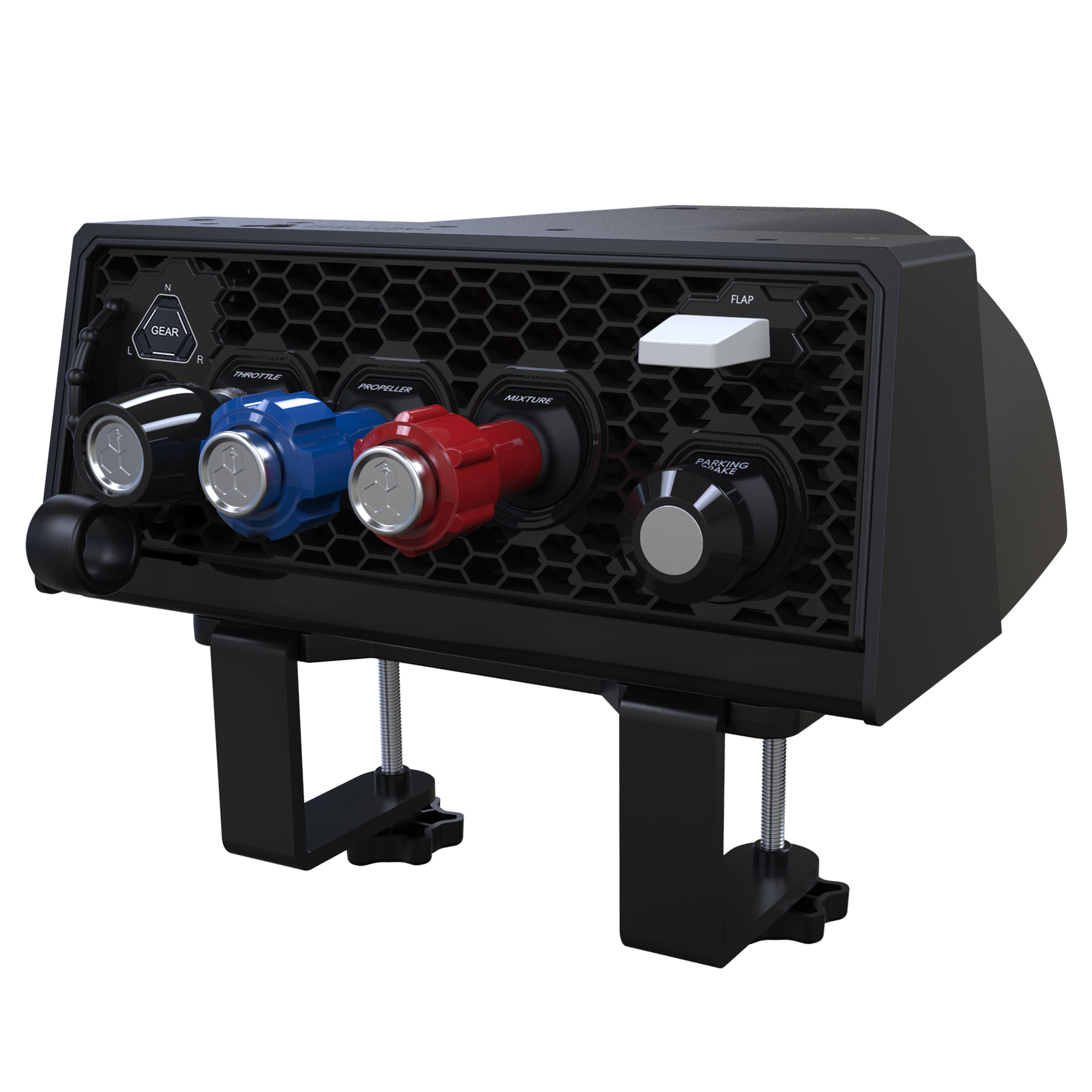 Een zwarte flight simulator controller met knoppen en schakelaars, gemonteerd op een standaard.