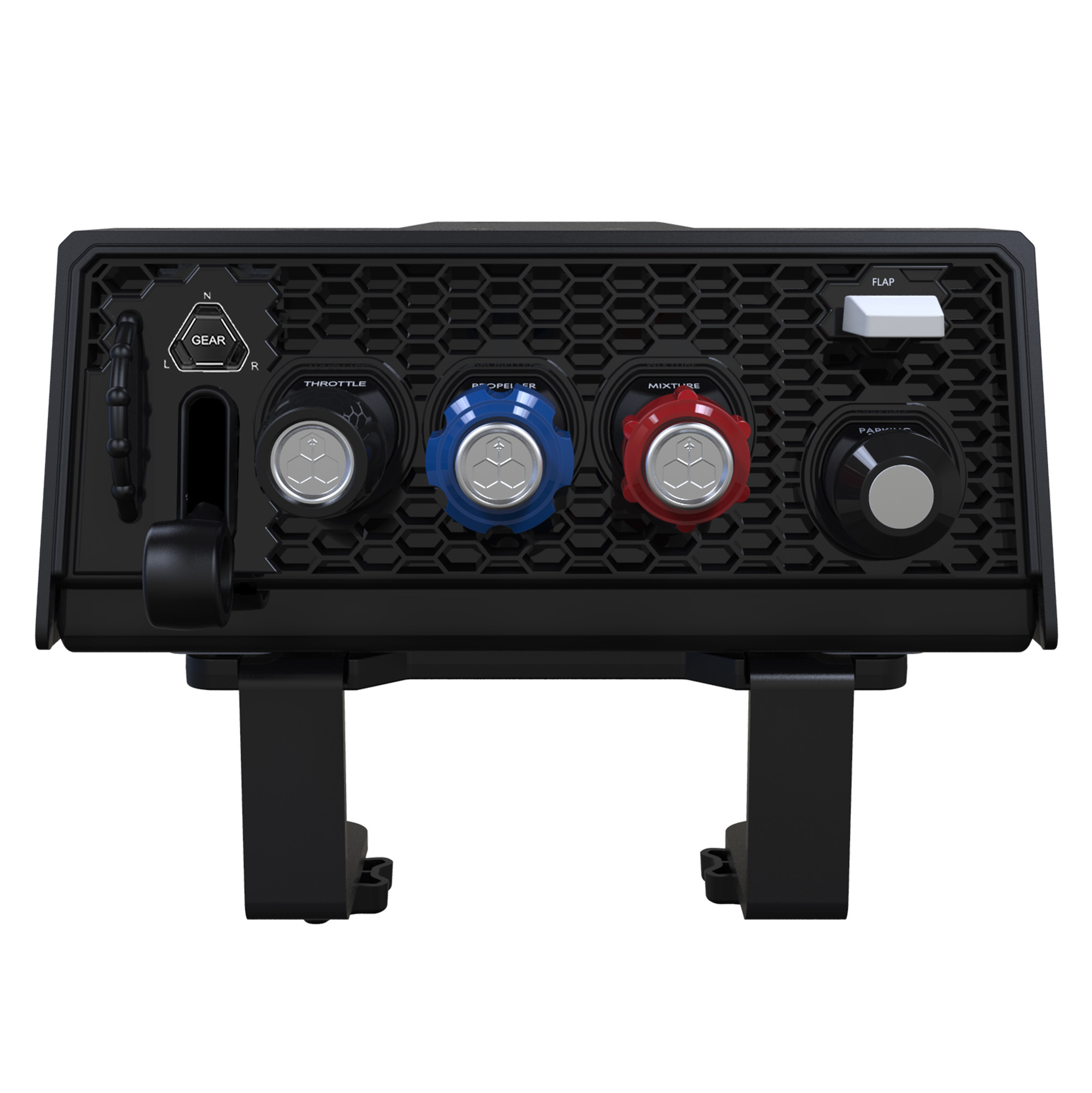 Zwart flight simulator bedieningspaneel met knoppen voor gas, propeller, mengsel en parkeerrem.