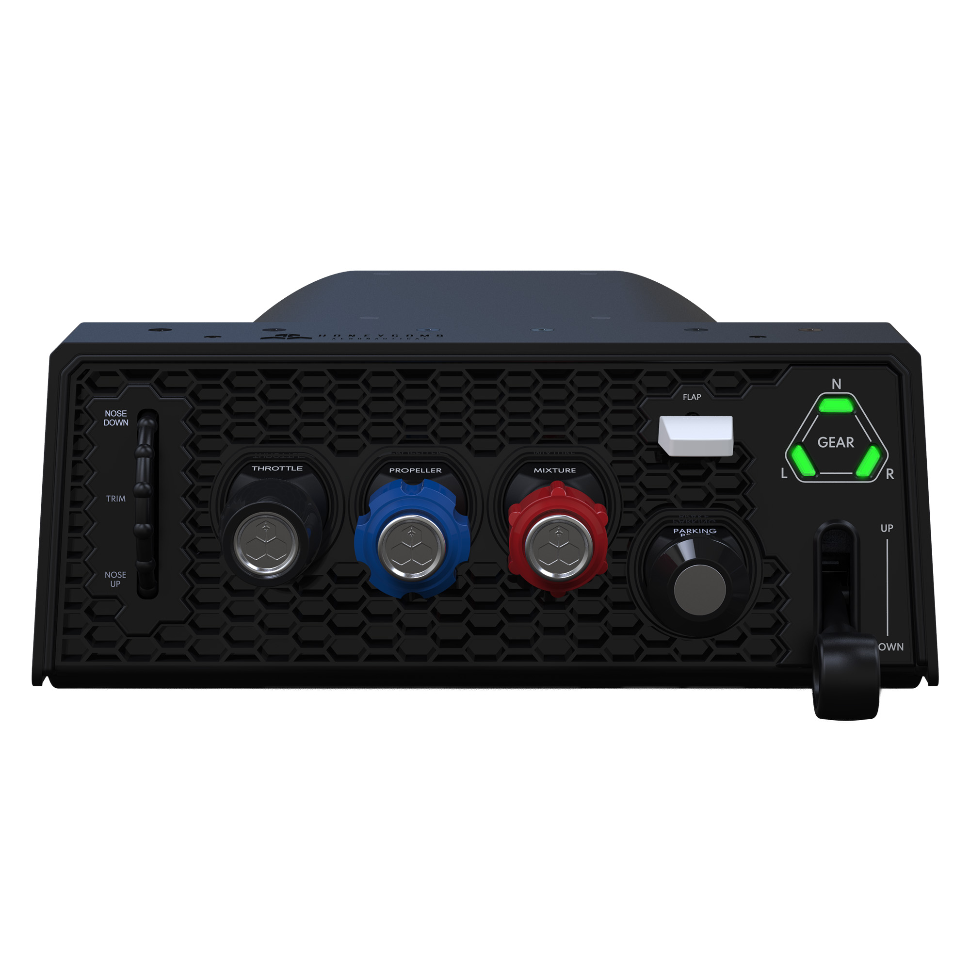 Een zwarte flight simulator controller met knoppen voor gas, propeller en mengsel.