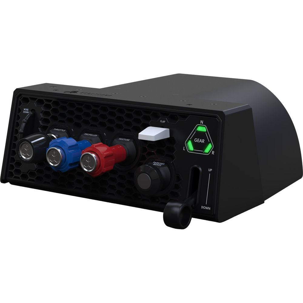 Een zwart flight simulator bedieningspaneel met rode, blauwe en zwarte knoppen, een witte klephendel en een groene versnellingsindicator.