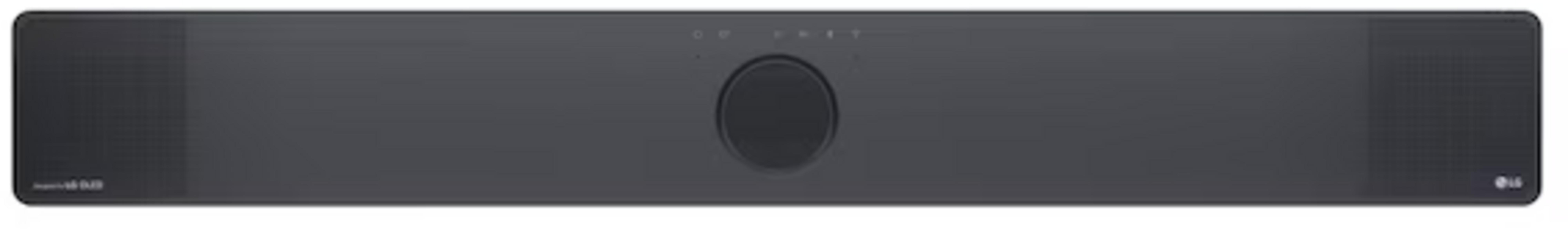 Dunkelgraues LG Soundbar mit mittlerem Subwoofer und seitlichen Lautsprechern.